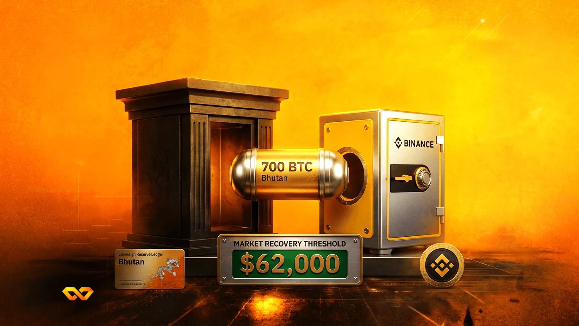 A golden capsule labeled 700 BTC Bhutan moves into a Binance safe next to a $62,000 market recovery sign.