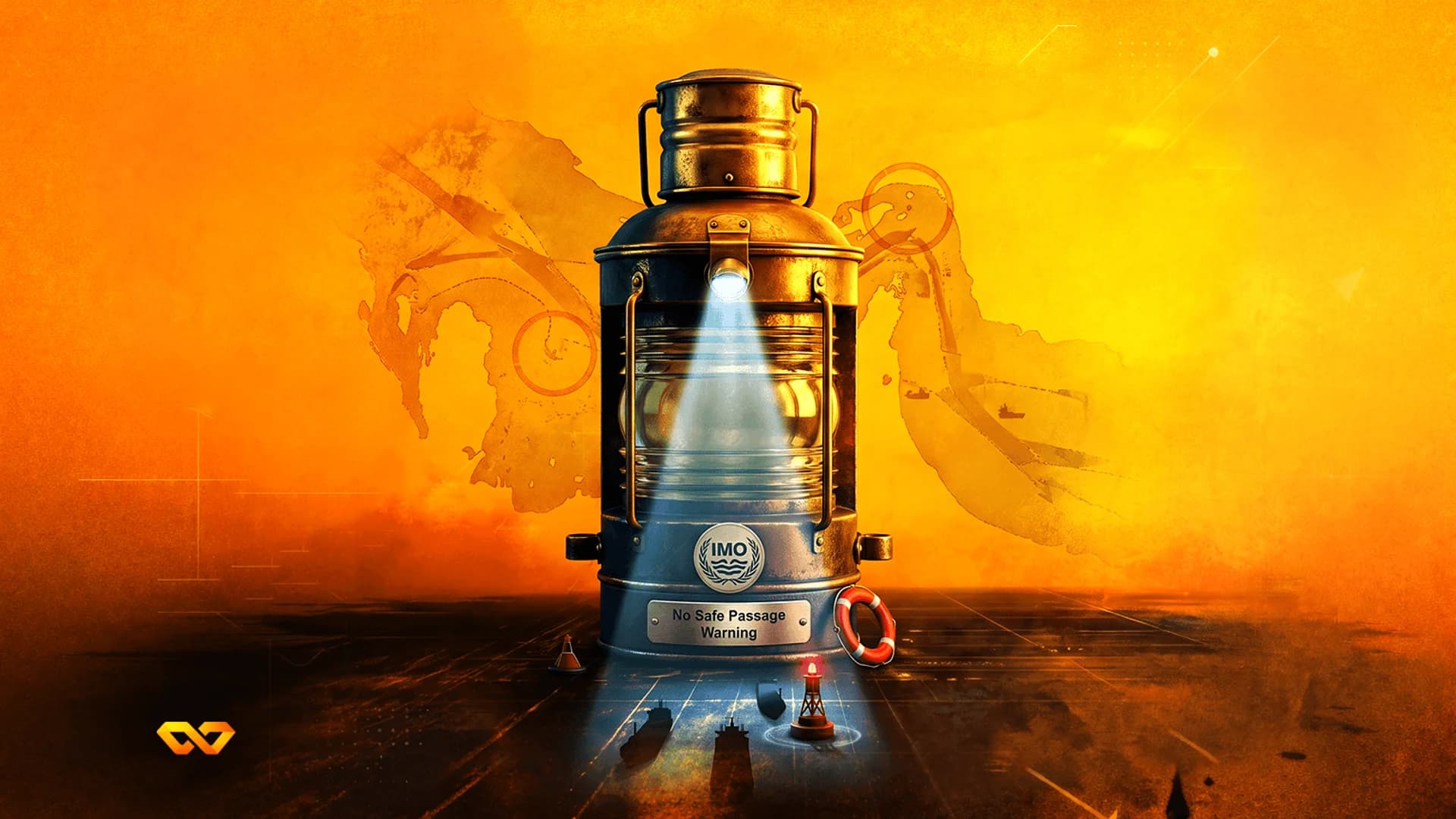 A maritime lantern with an IMO logo and 'No Safe Passage Warning' plaque over a map of the Red Sea.