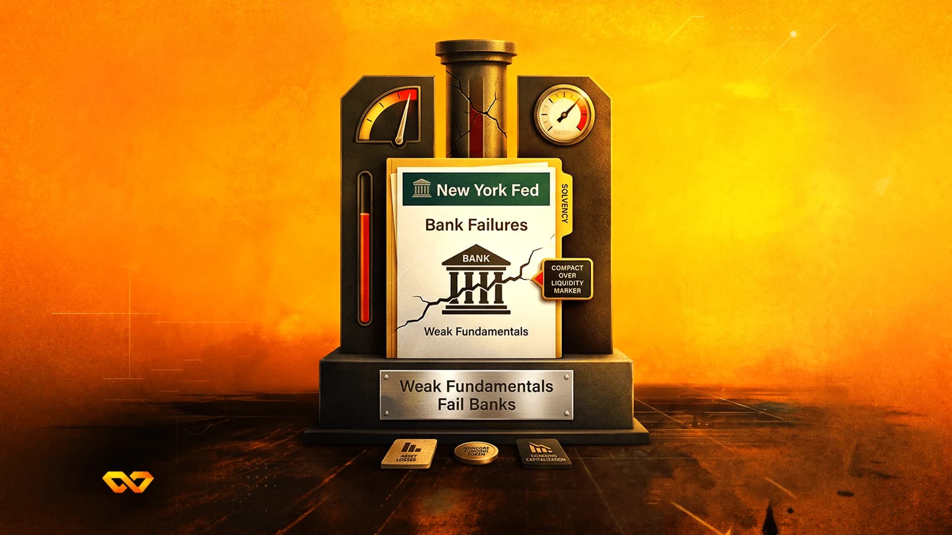 Conceptual illustration of a machine with 'New York Fed' folder, gauges, and 'Bank Failures' text on orange background.
