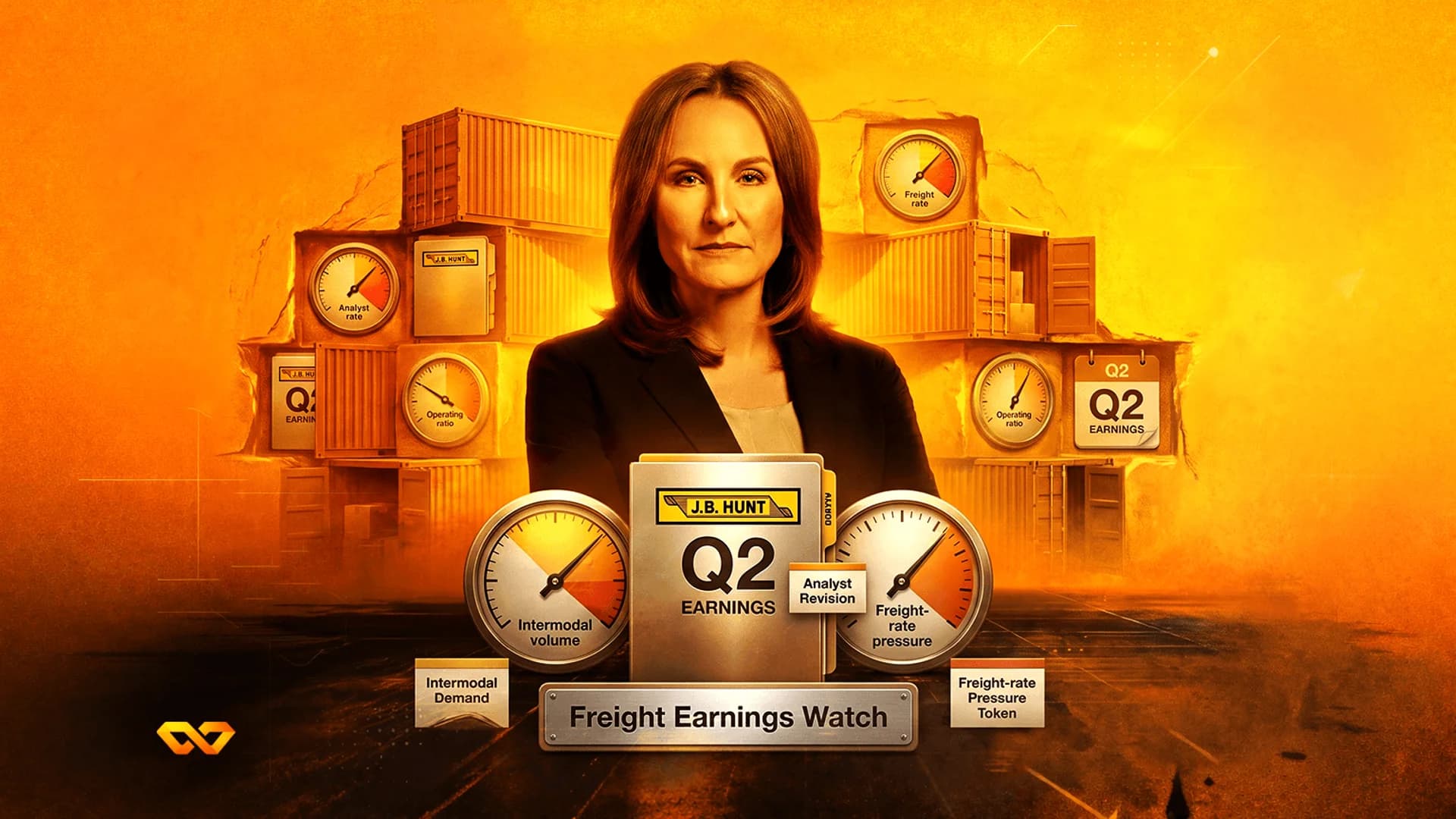 Woman in a suit centered among shipping containers, gauges, and a folder labeled J.B. Hunt Q2 Earnings.