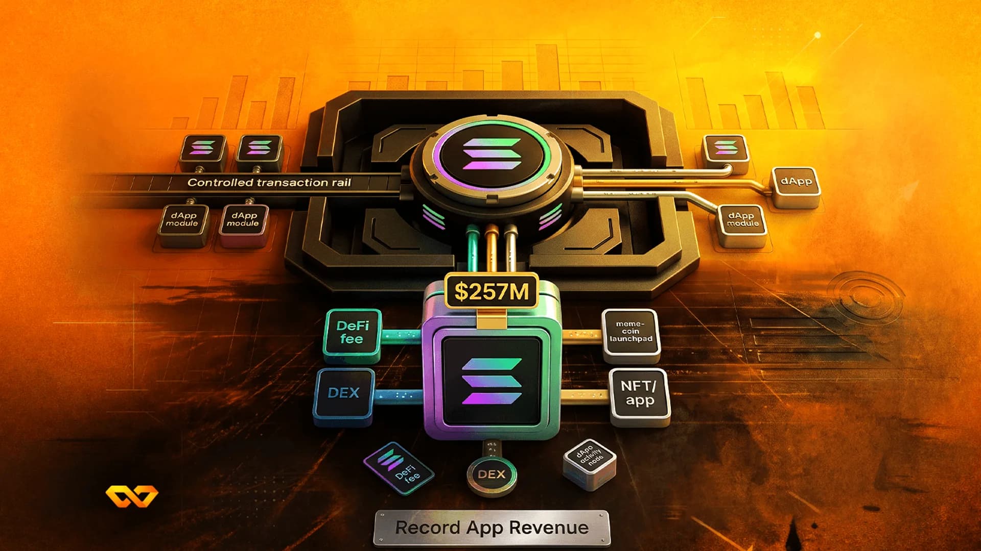 3D digital illustration of the Solana logo on a mechanical platform with labels for dApps and $257M revenue.