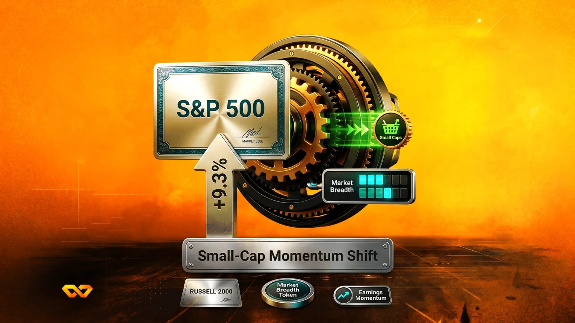 رسم توضيحي ثلاثي الأبعاد يضم لوحات S&P 500 وRussell 2000، مع آلية تروس وسهم صاعد بنسبة +9.3%.