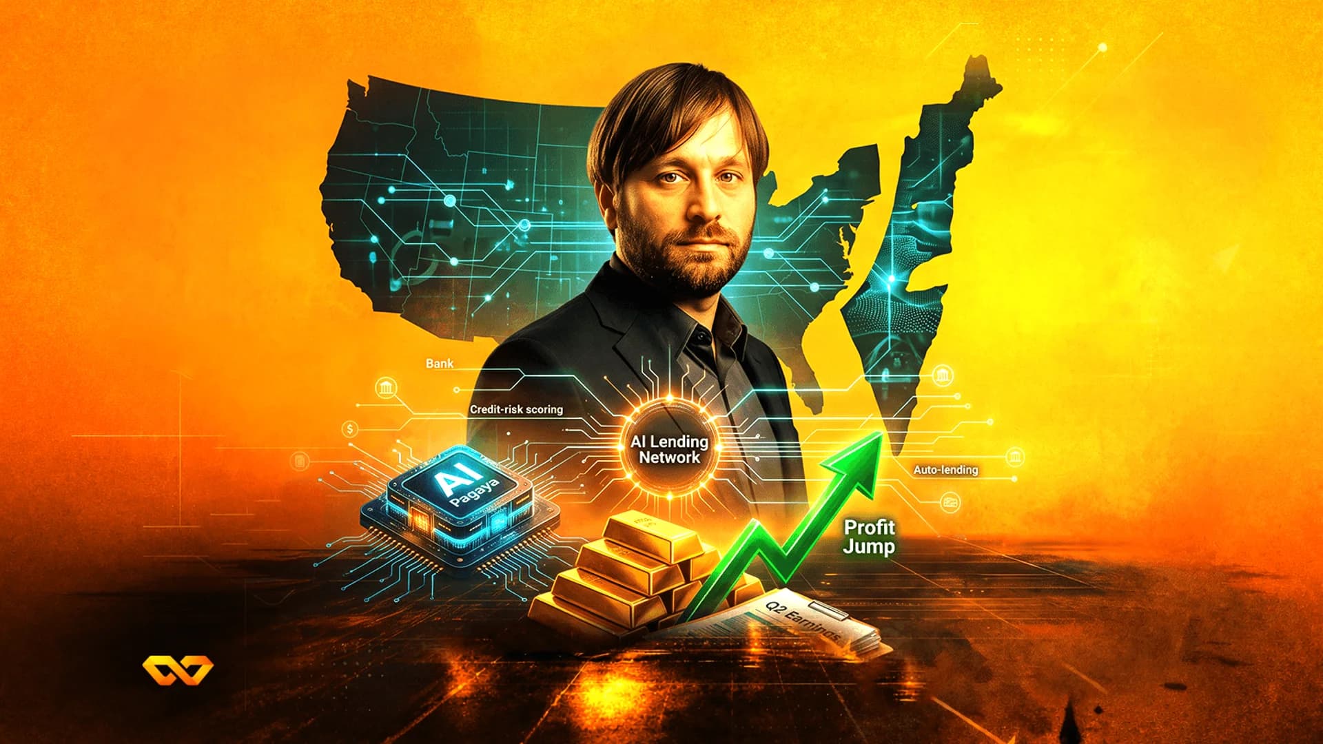 Digital collage with a man's portrait, a US map, gold bars, a green upward arrow, and AI Pagaya branding.