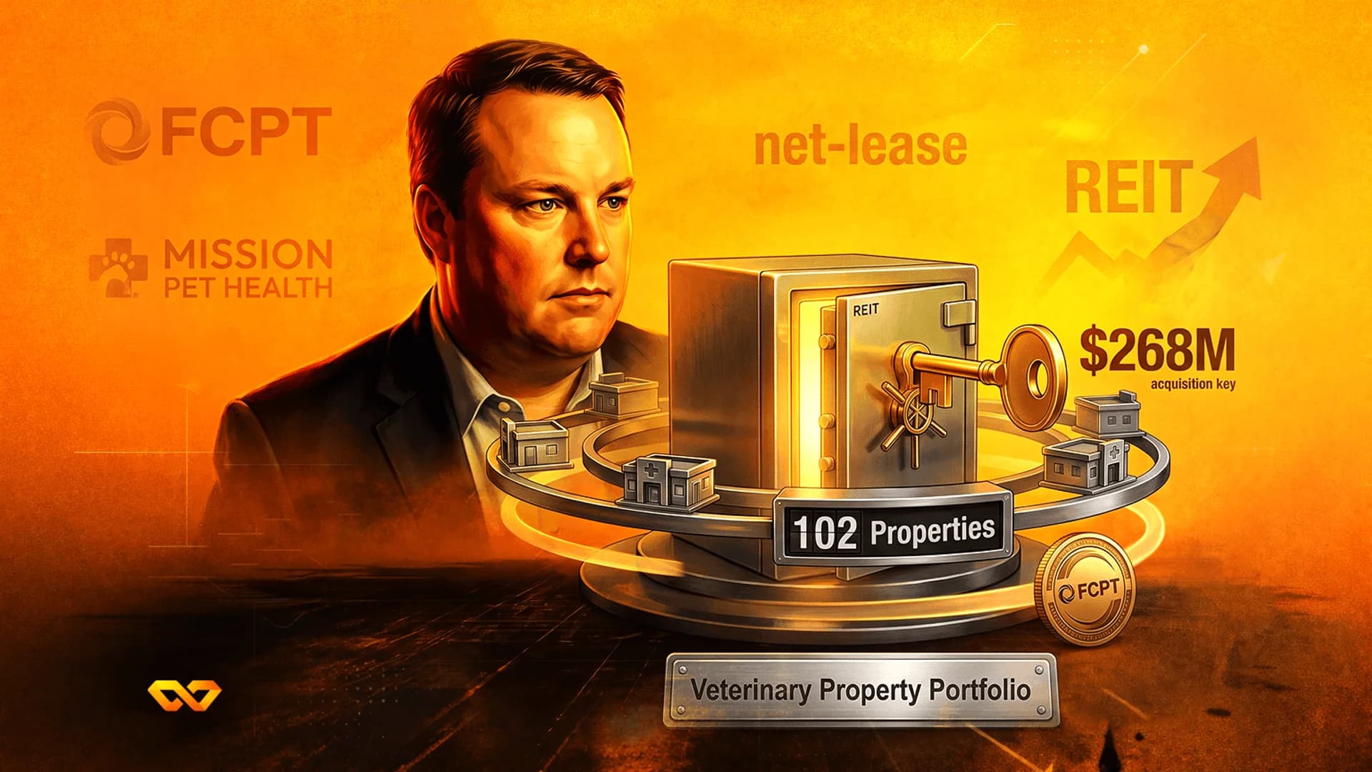 Illustration of a man's portrait next to a safe with a key, surrounded by model buildings and financial text.