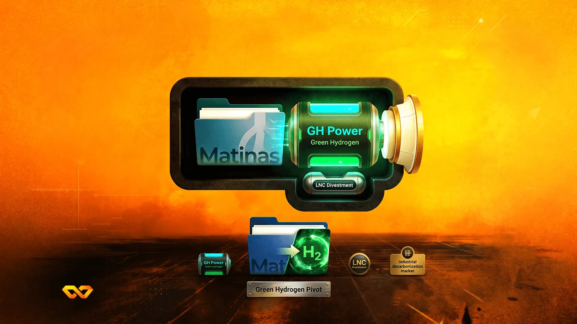 Digital illustration of a Matinas folder and a GH Power green hydrogen cell on an orange background.