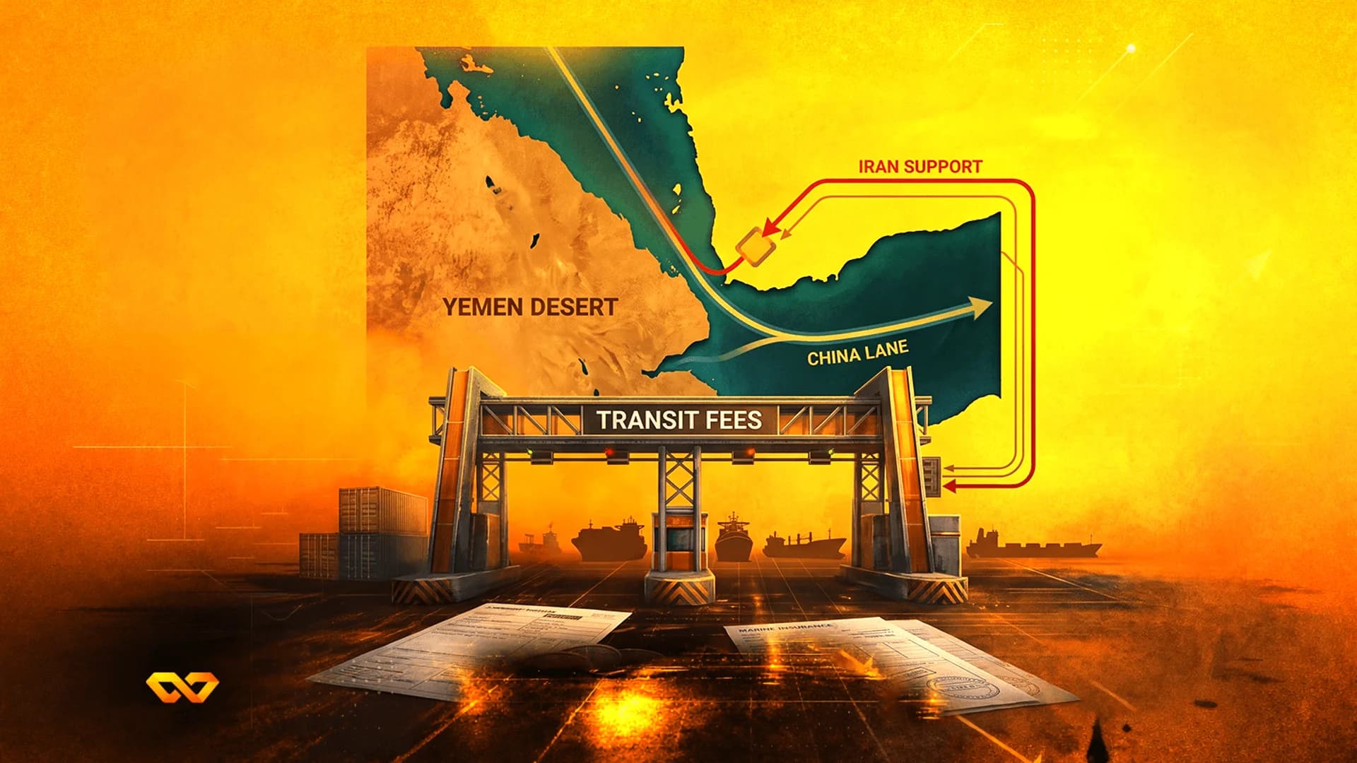 Illustration of a 'Transit Fees' gantry over a map of the Red Sea with shipping routes and cargo ships.