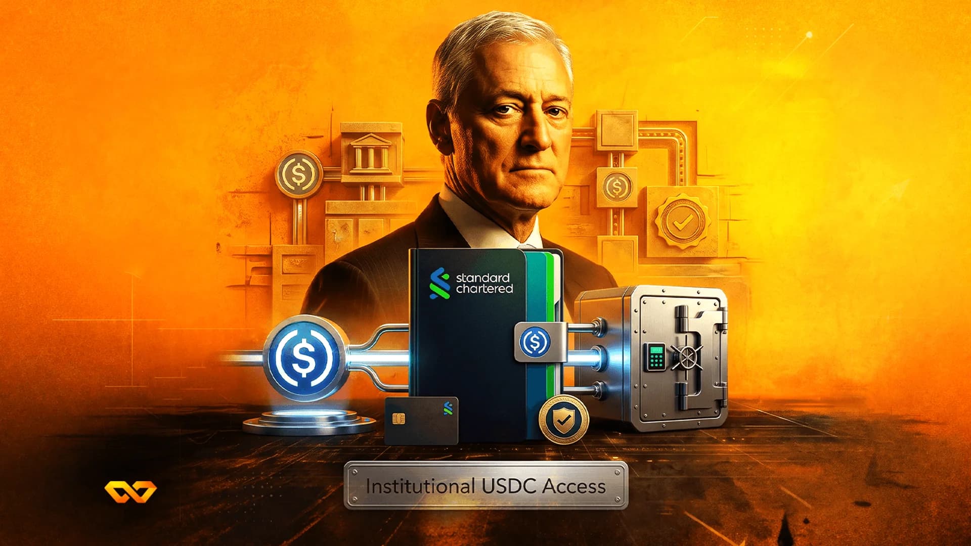 Man in a suit centered among a safe, a digital wallet with Standard Chartered logo, and a glowing USDC coin icon.