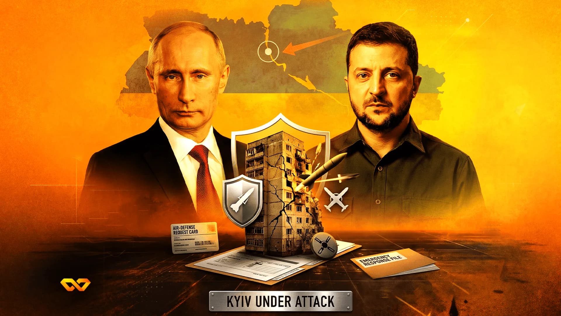 Portraits of Putin and Zelenskyy over a map of Ukraine with a damaged building and a missile in the foreground.