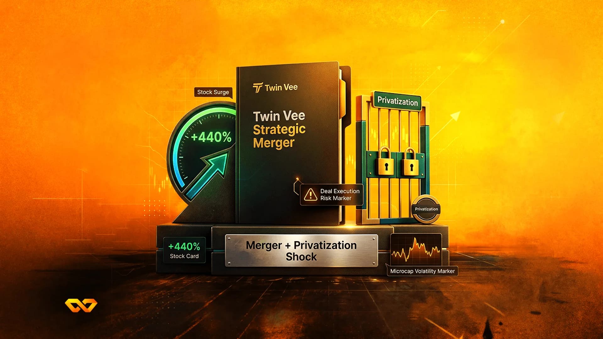 Black folder labeled Twin Vee Strategic Merger on a pedestal with a stock surge gauge and a locked green gate.