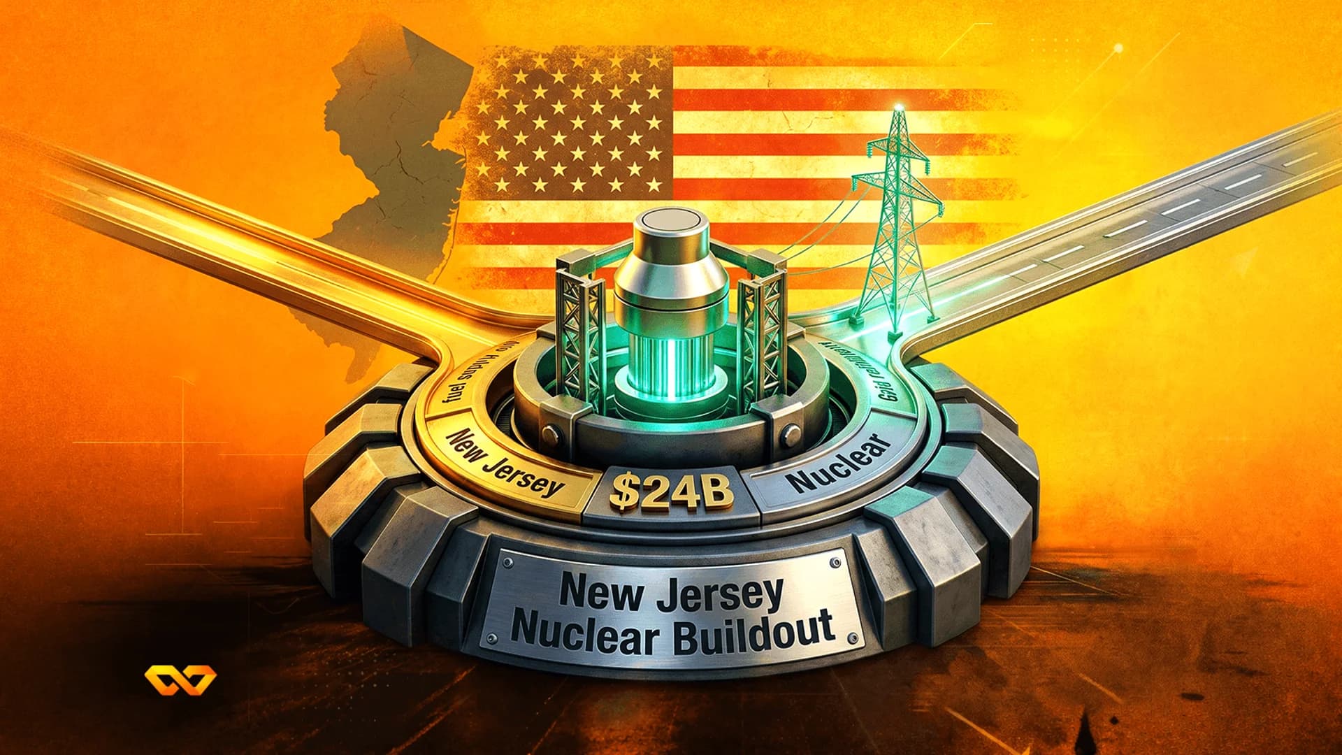 Nuclear reactor model on a gear base with the US flag, New Jersey map, and power lines on an orange background.