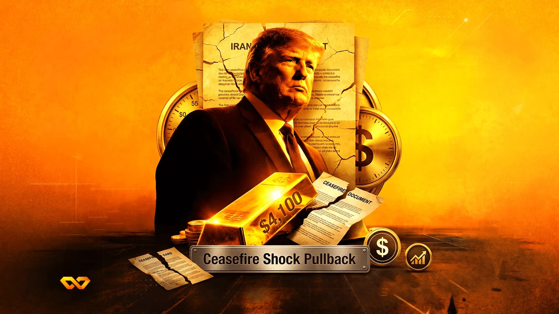 Donald Trump portrait with gold bars, torn ceasefire documents, and dollar coins on an orange background.