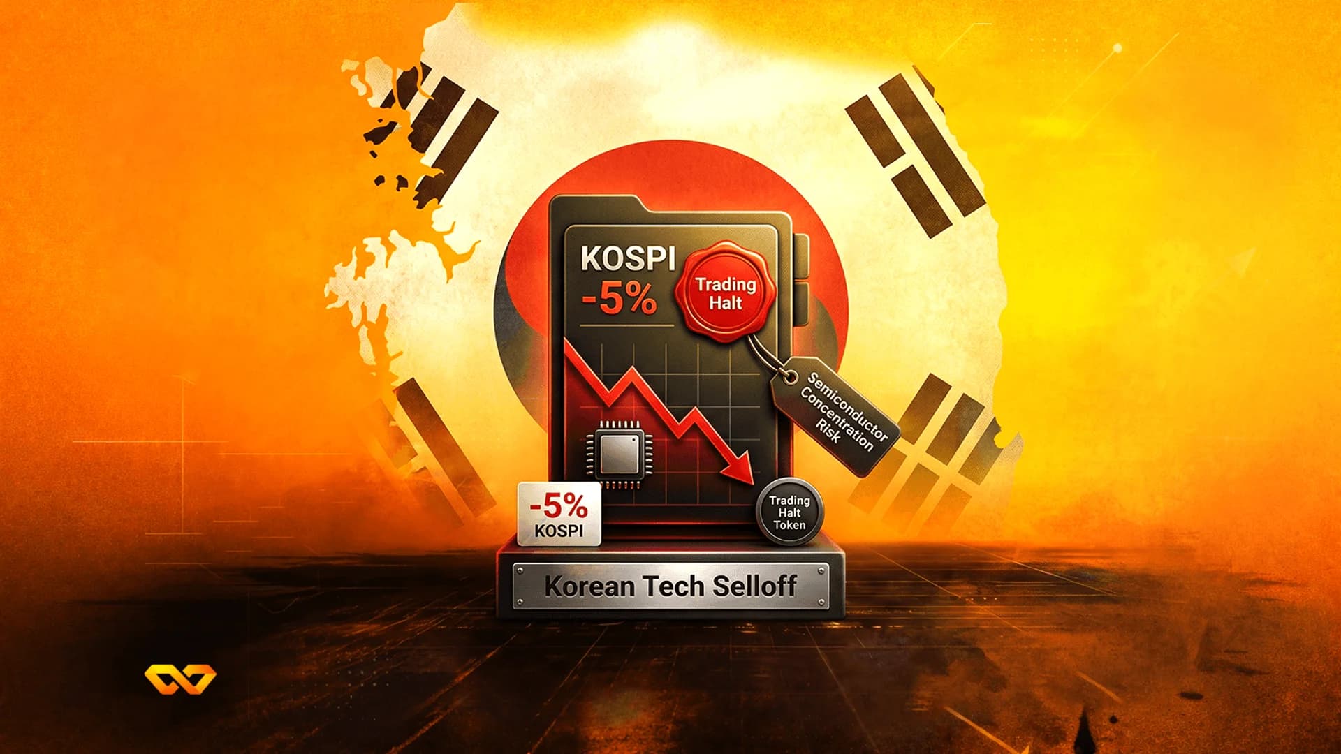 Illustration of a downward stock chart with 'KOSPI -5%' and a 'Trading Halt' seal against a South Korean flag.