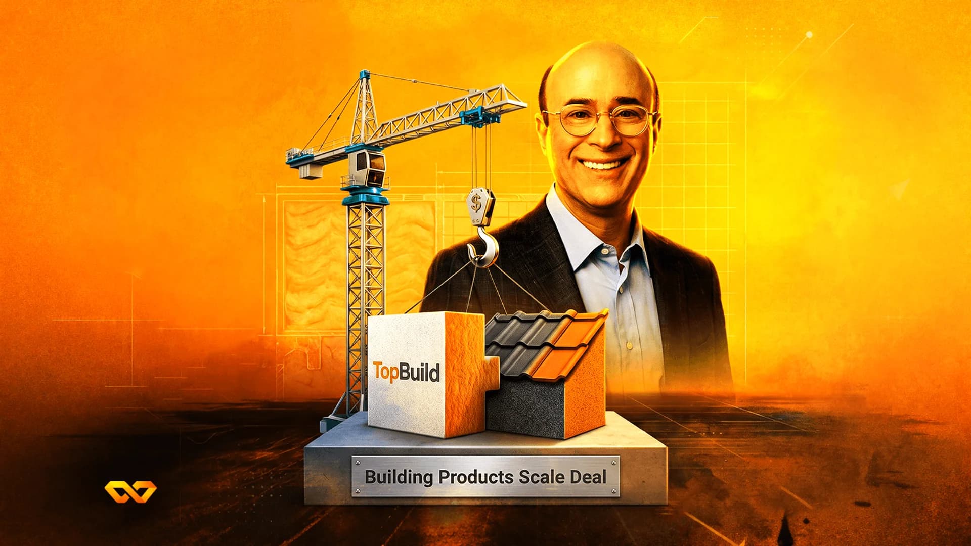 Portrait of a man beside a construction crane and a TopBuild logo block on a textured orange background.