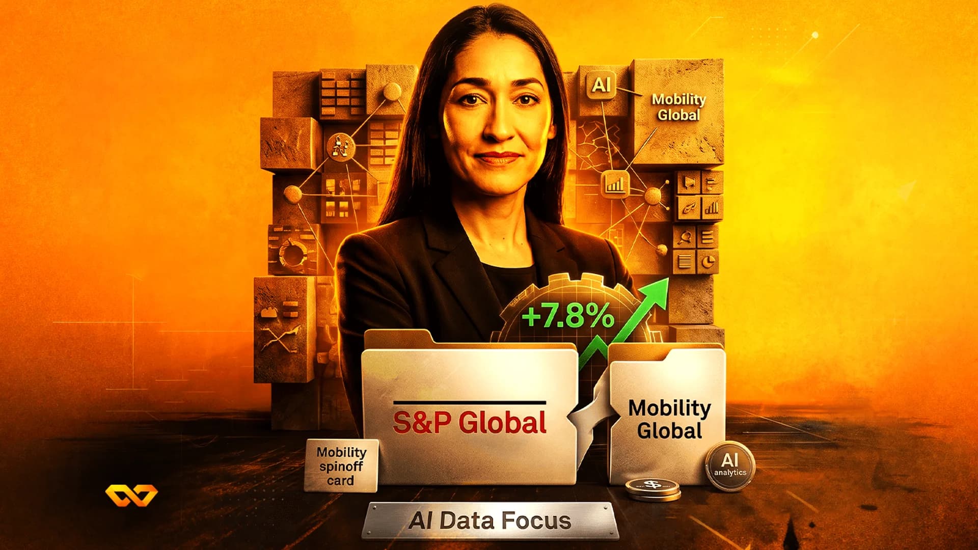 امرأة في بدلة خلف ملفات S&P Global وMobility Global مع سهم نمو أخضر بنسبة 7.8% وأيقونات ذكاء اصطناعي.