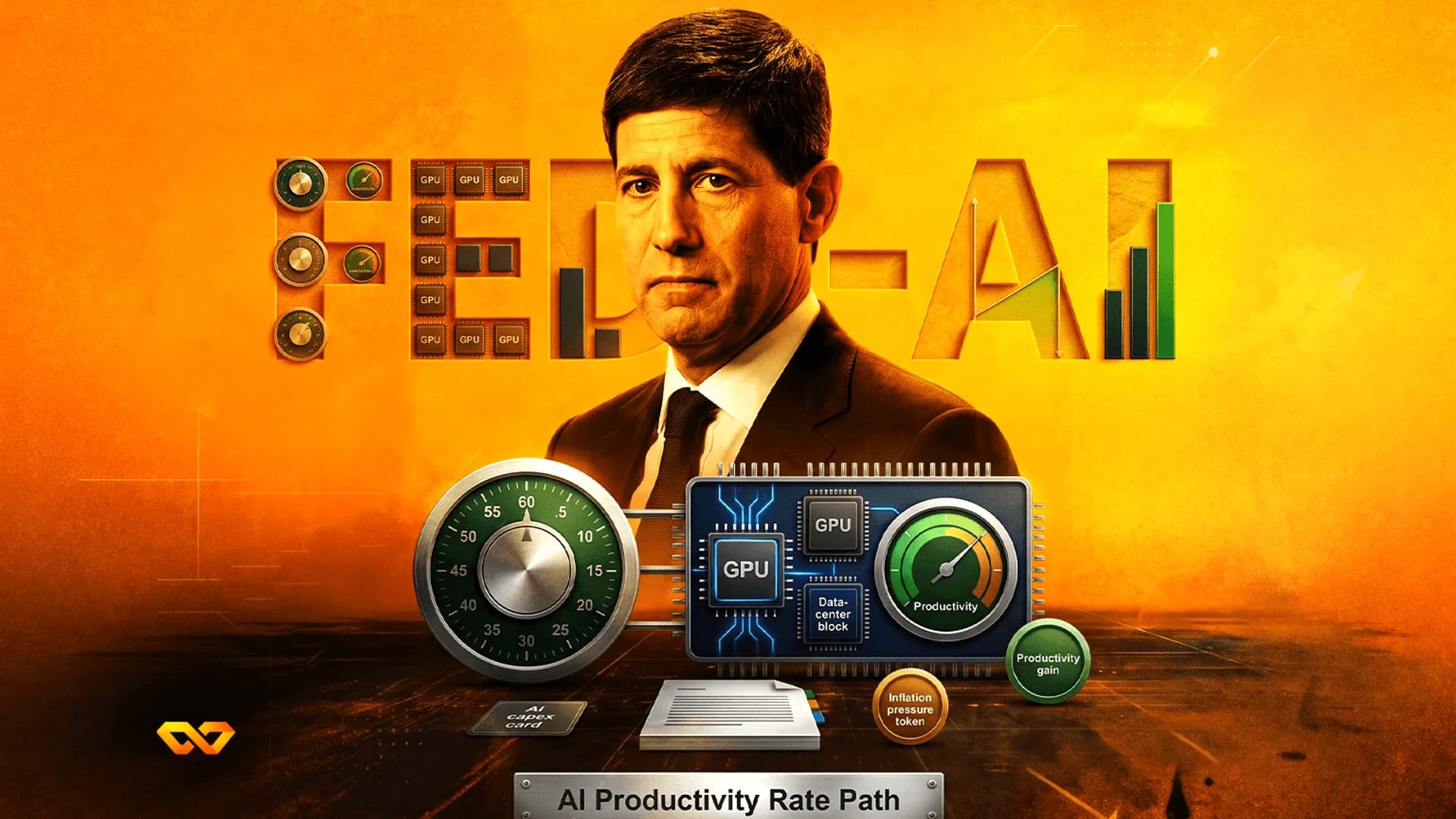 Man in a suit centered before 'FED-AI' text, surrounded by GPU chips, gauges, and bar charts on an orange background.