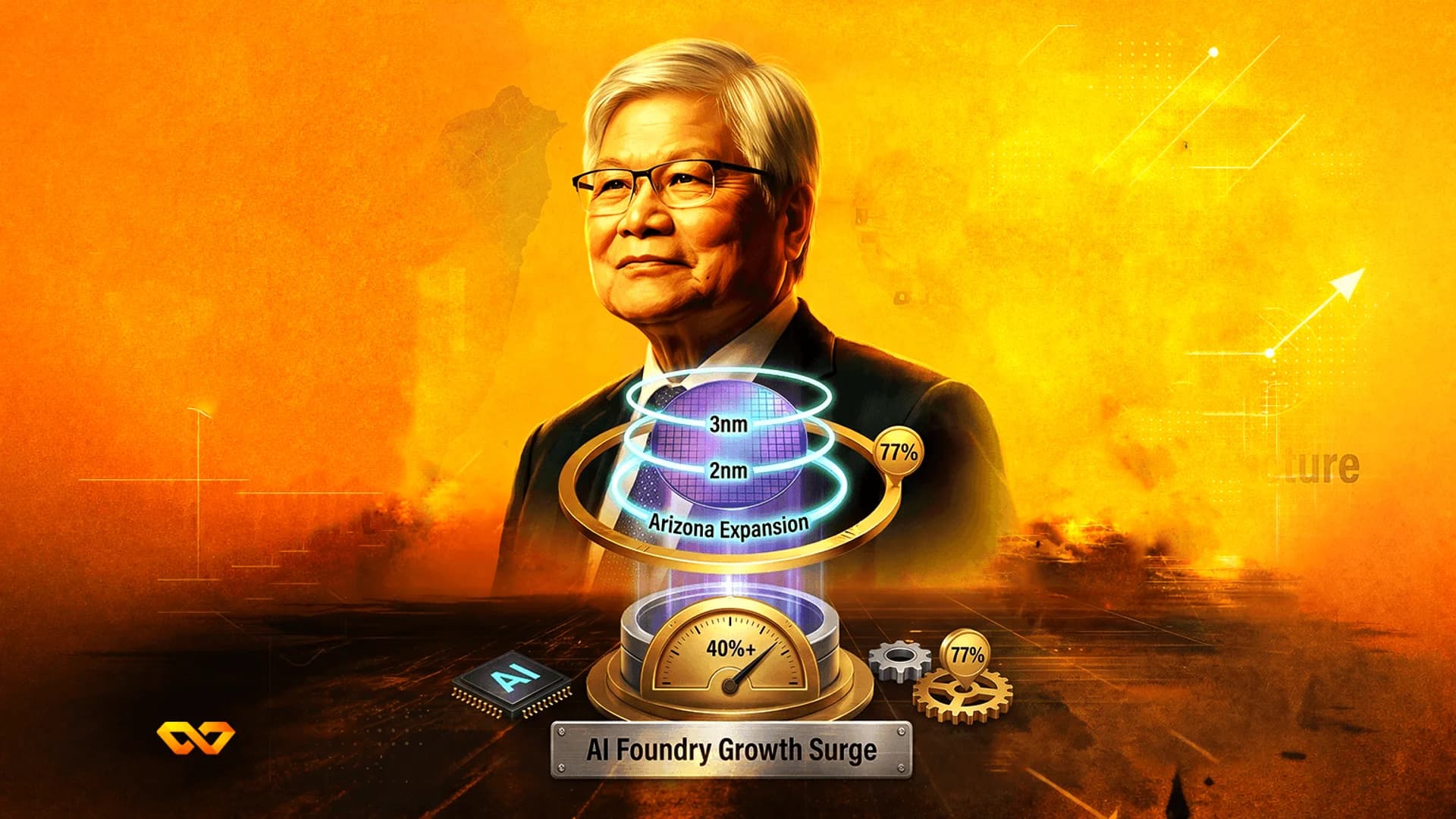Portrait of a man with glasses against a golden backdrop featuring semiconductor wafers and AI growth graphics.