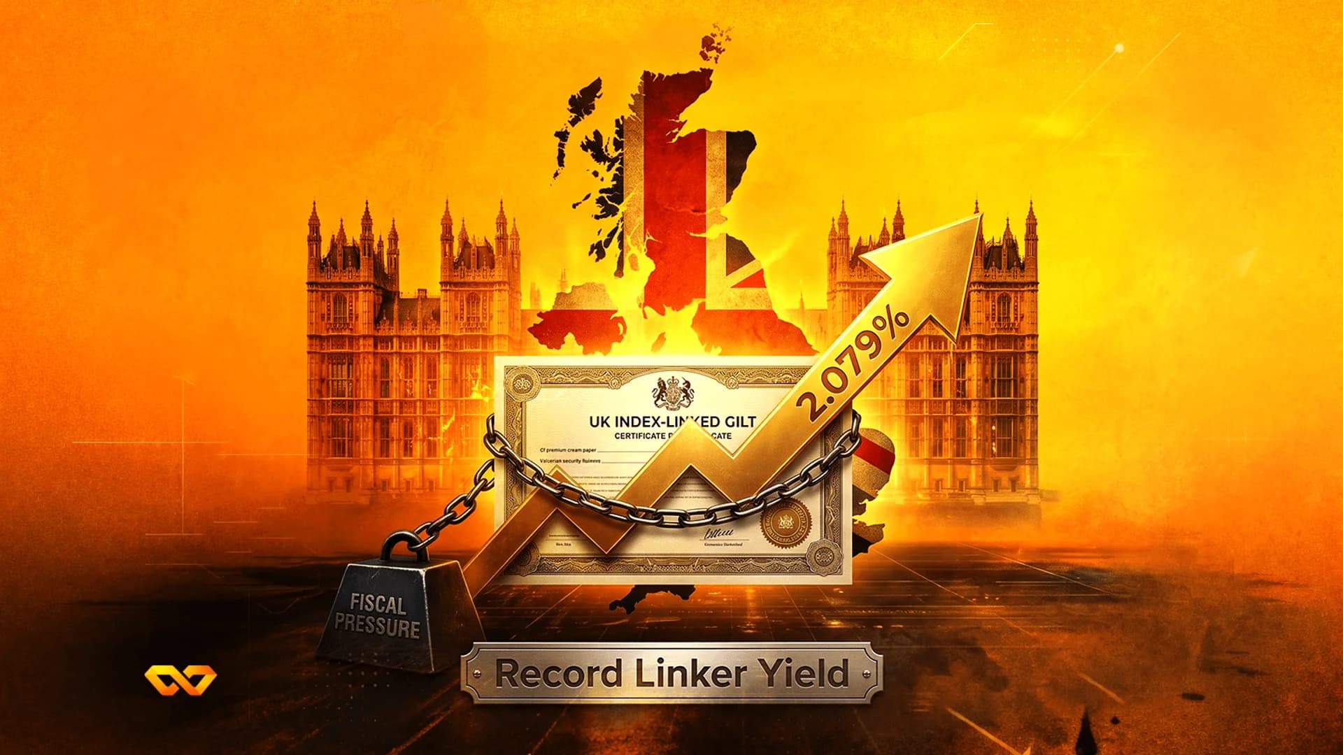 UK Parliament and map behind a gilt certificate, a rising gold arrow, and a weight labeled fiscal pressure.