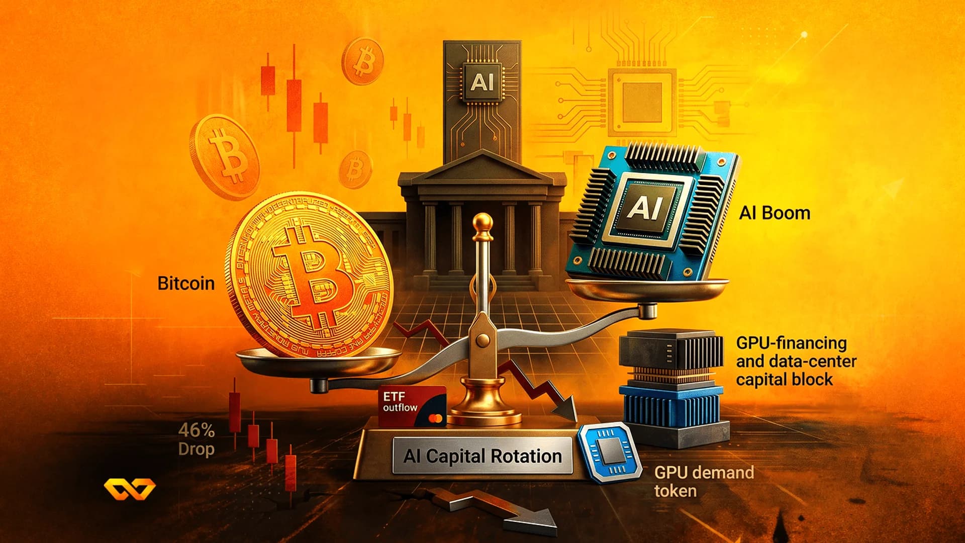 ميزان ذهبي يوازن بين عملة بيتكوين ومعالج ذكاء اصطناعي أزرق على خلفية برتقالية مع رسوم بيانية.