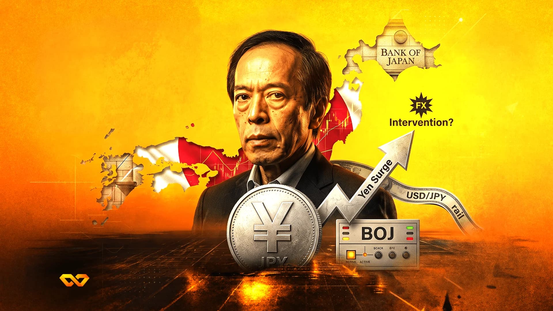 Portrait of Kazuo Ueda with a Yen coin, an upward arrow, and a map of Japan on a yellow background.