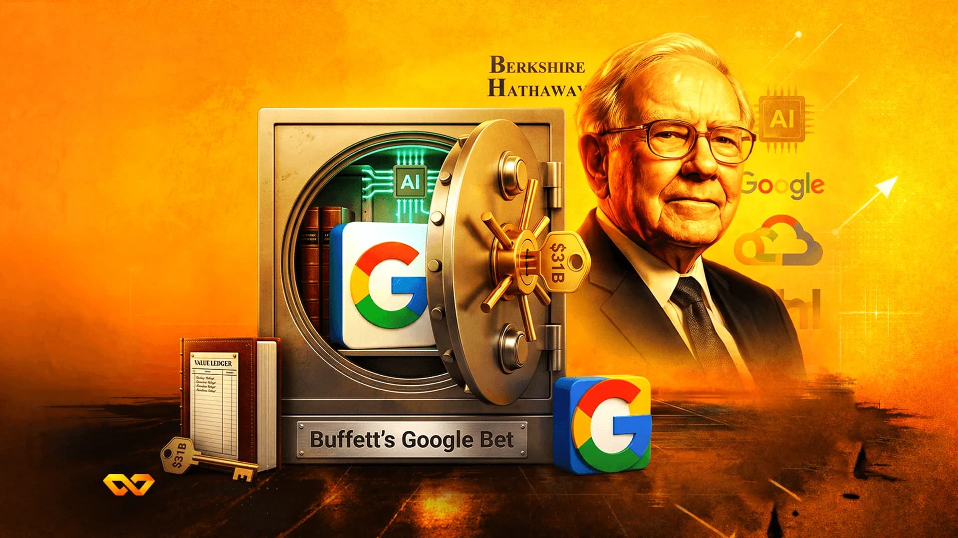 Illustration of Warren Buffett next to an open safe containing a Google logo, with AI icons and a gold key.
