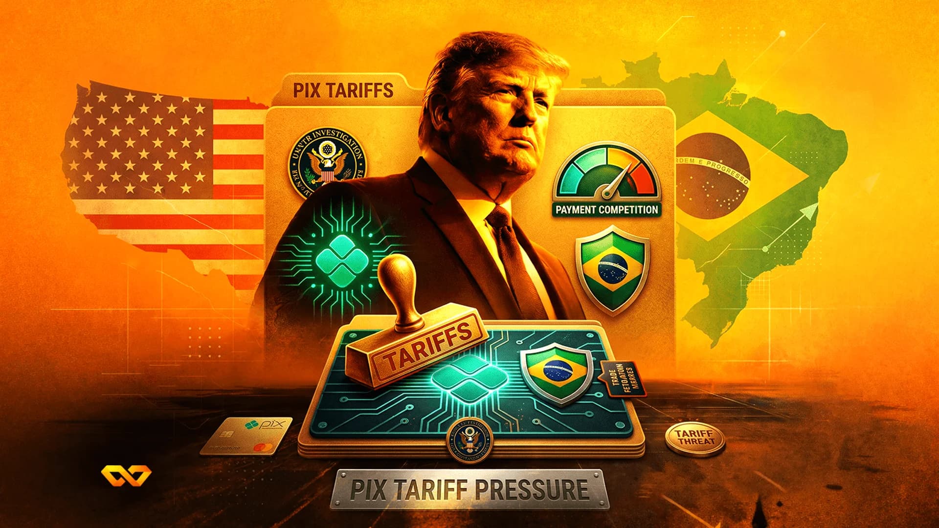 Donald Trump portrait between US and Brazil flags with 'PIX TARIFFS' text and a tariff stamp on a circuit board.