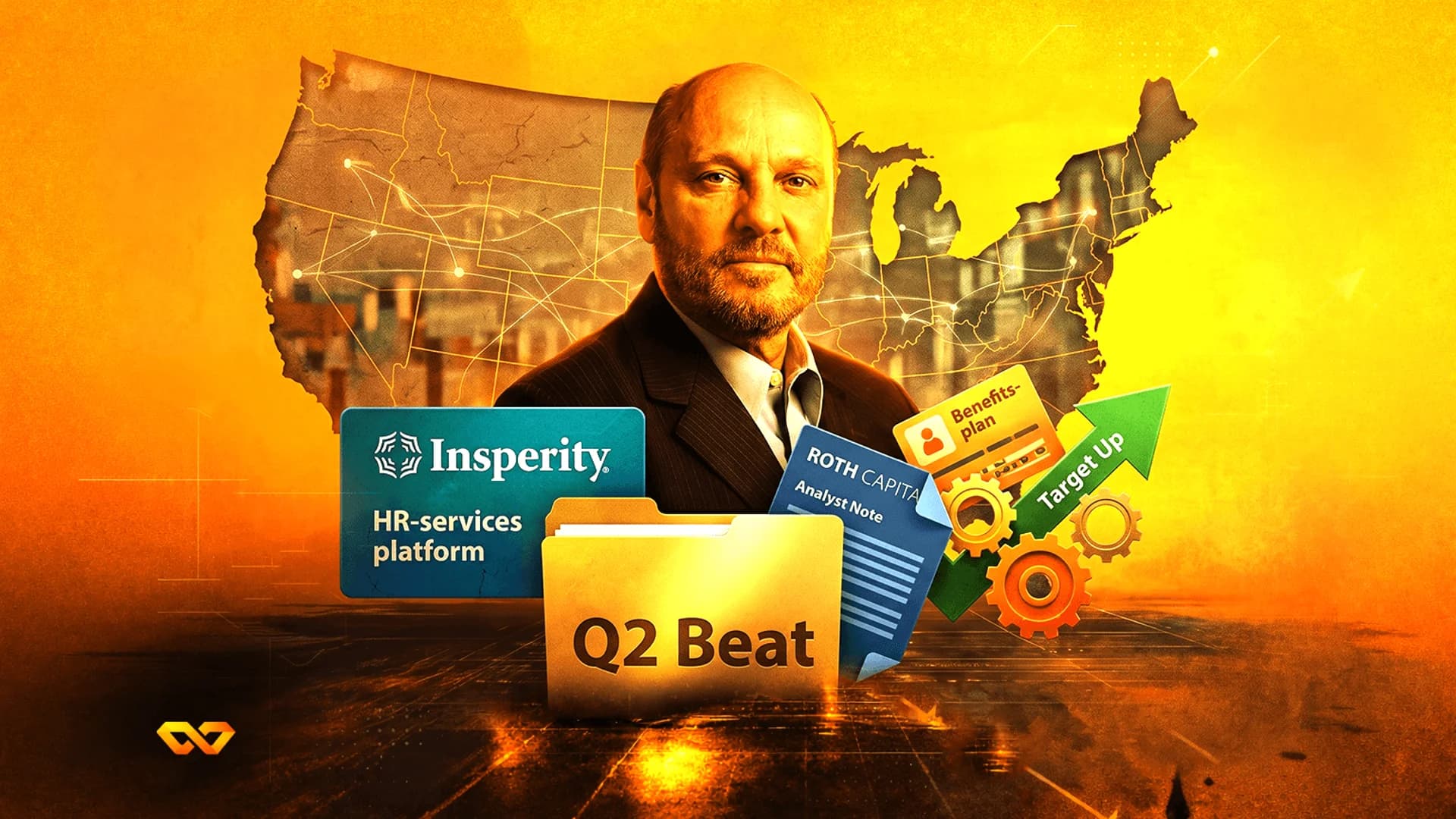 Portrait of a man over a US map with Insperity logo, Q2 Beat folder, and a green upward arrow on an orange background.