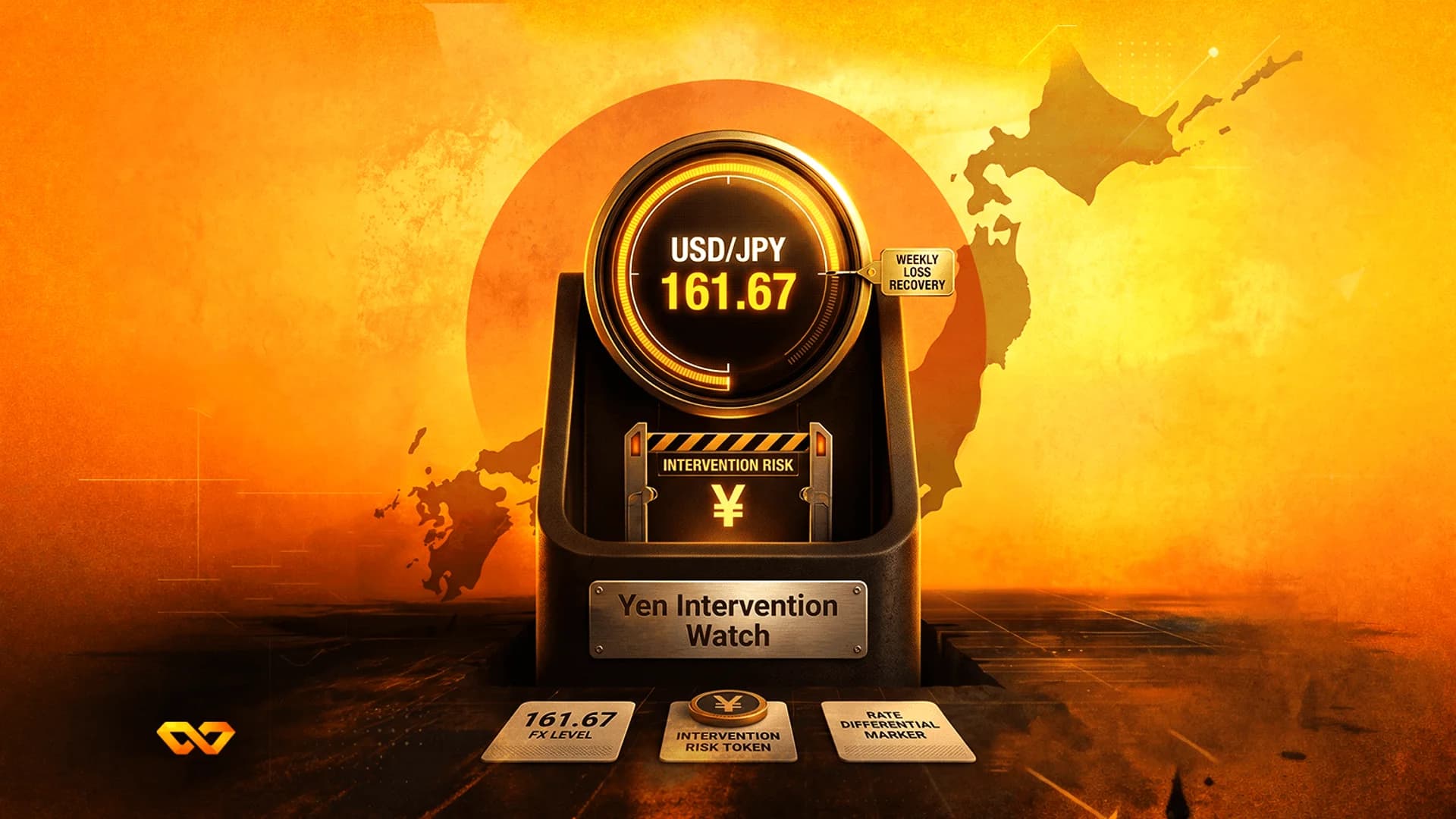 Stylized orange graphic with a gauge showing USD/JPY 161.67, a map of Japan, and a yen symbol.