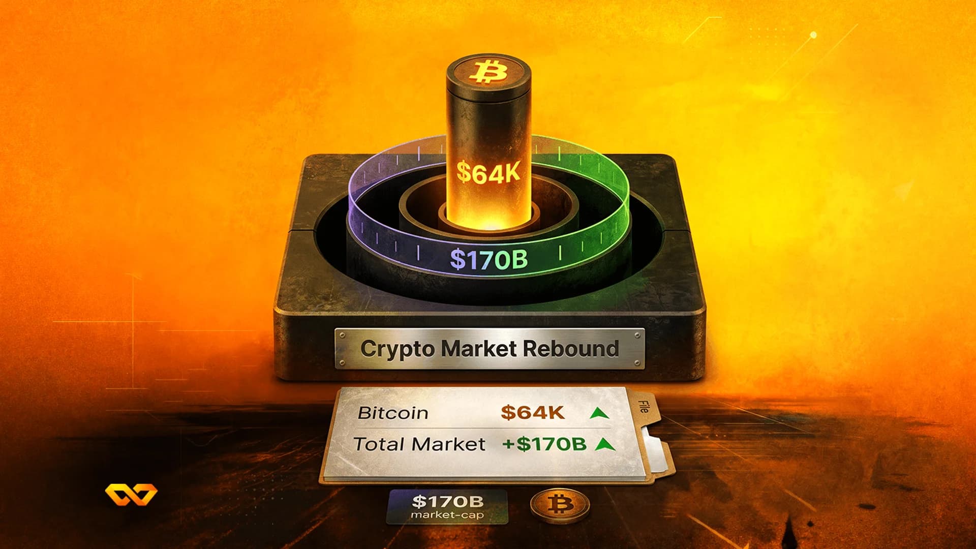 3D illustration of a Bitcoin cylinder glowing $64K on a base labeled Crypto Market Rebound against an orange background.