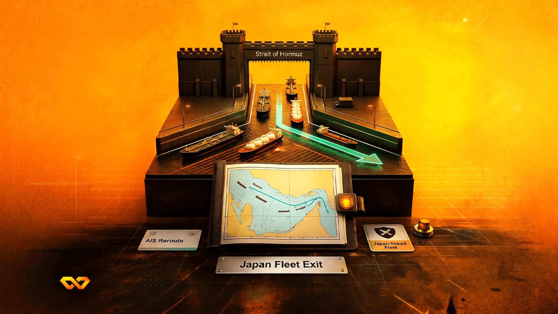 3D illustration of ships passing through a fortress gate labeled Strait of Hormuz with a map and Japan fleet labels.