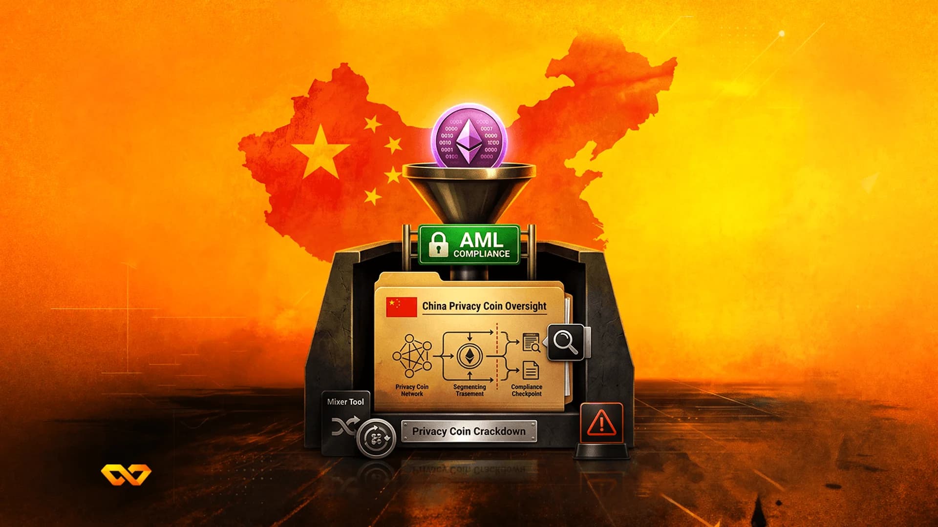 Ethereum coin funneled into an AML compliance machine over a map of China with regulatory text.