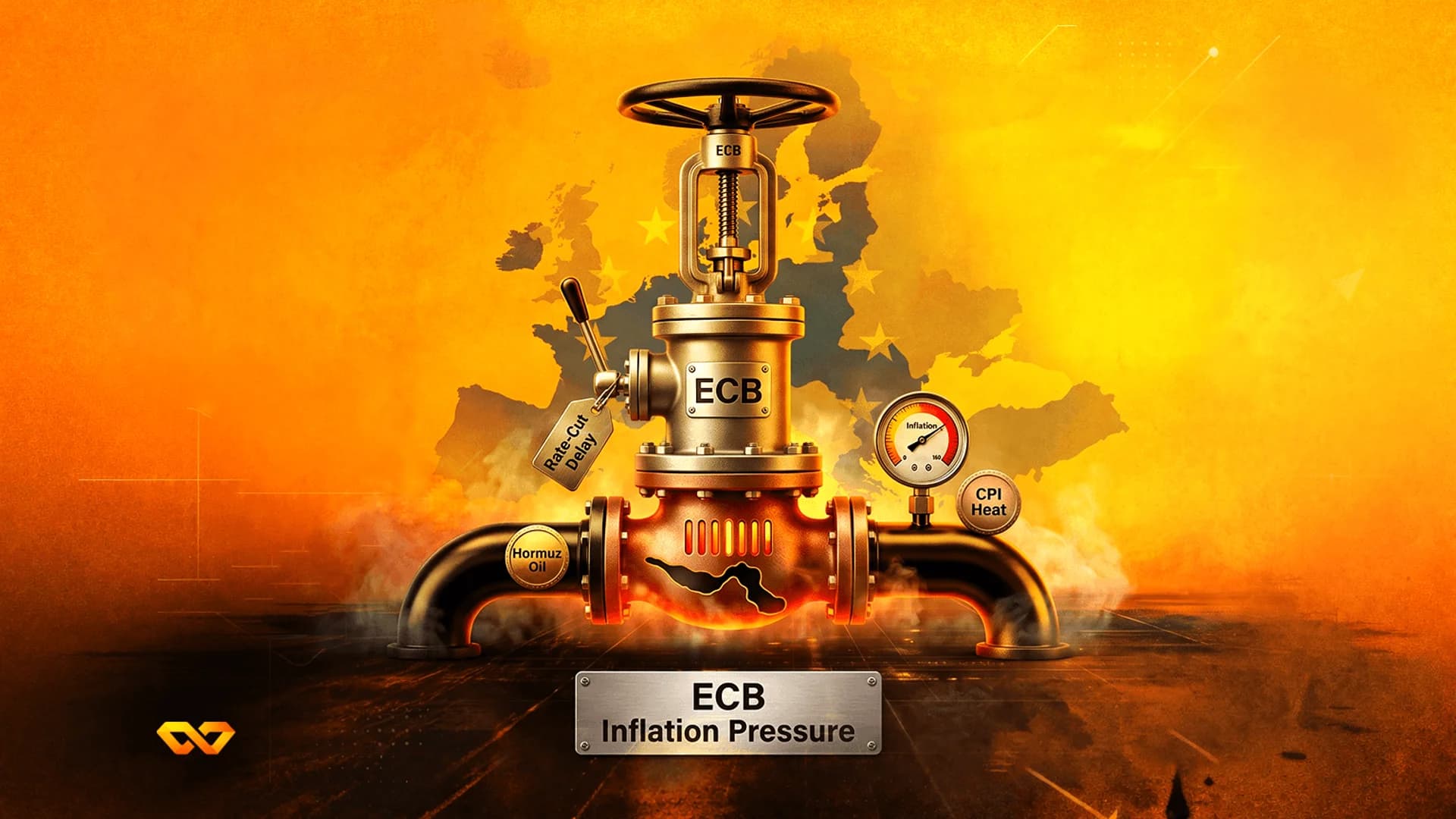 A metallic industrial valve labeled ECB with gauges for inflation and oil against a map of Europe.