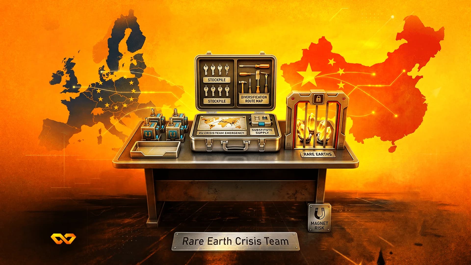 Illustration of a crisis kit and rare earth minerals on a desk between maps of Europe and China.