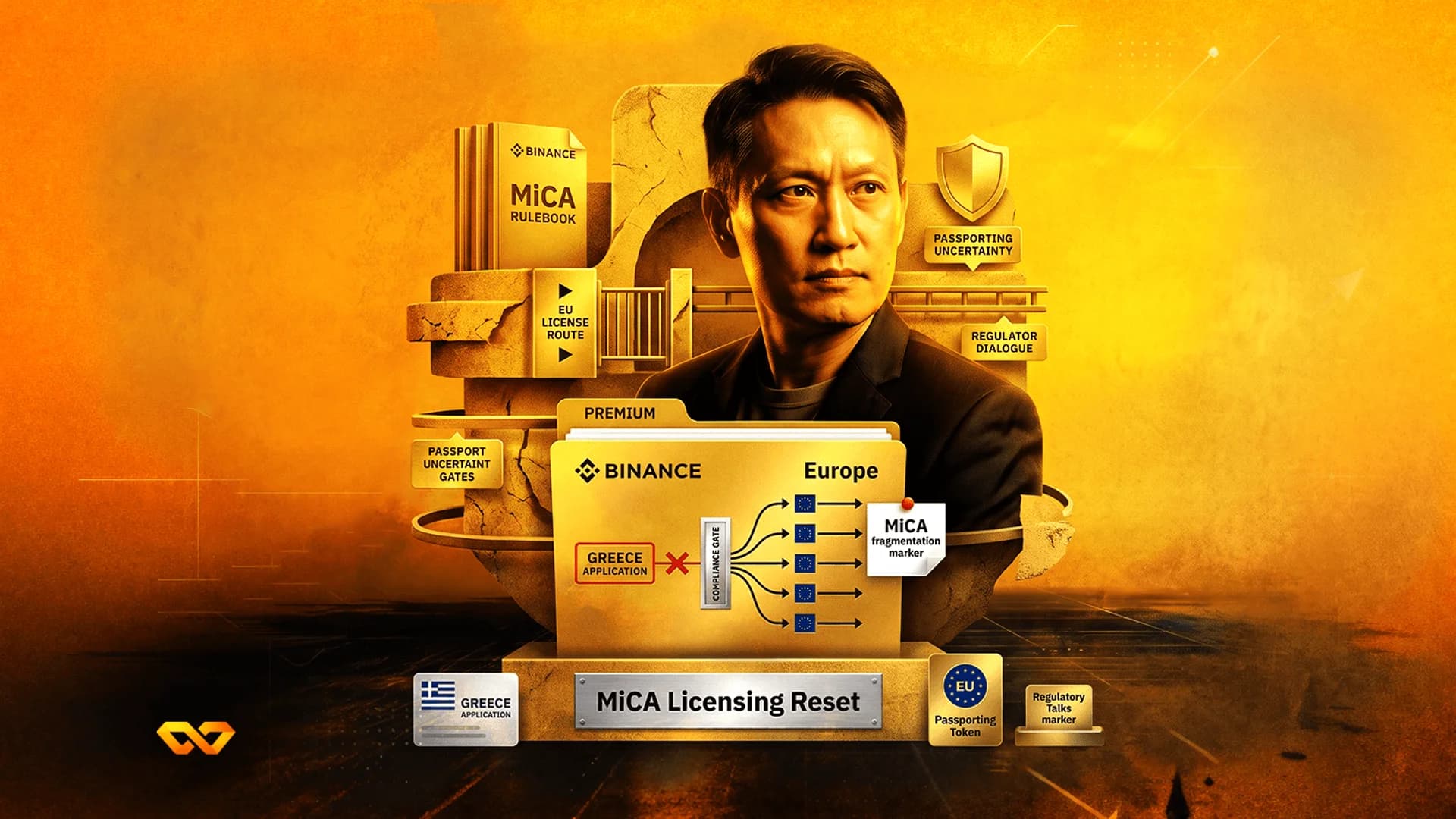 Digital illustration of a man's portrait with Binance logos, a MiCA rulebook, and European Union regulatory graphics.