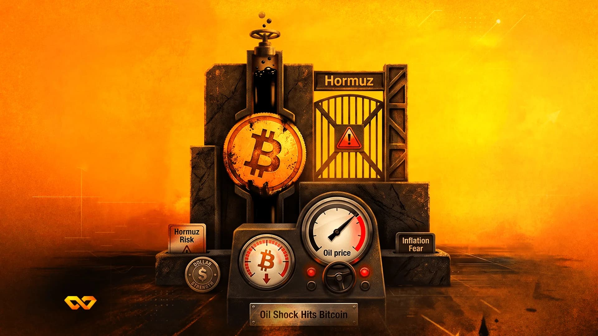 Industrial machine with a Bitcoin logo, oil price gauge, and Hormuz gate against a textured orange background.