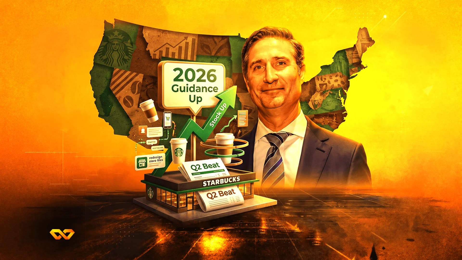 Digital collage of a man in a suit, a miniature Starbucks, a US map, and a green arrow pointing up.