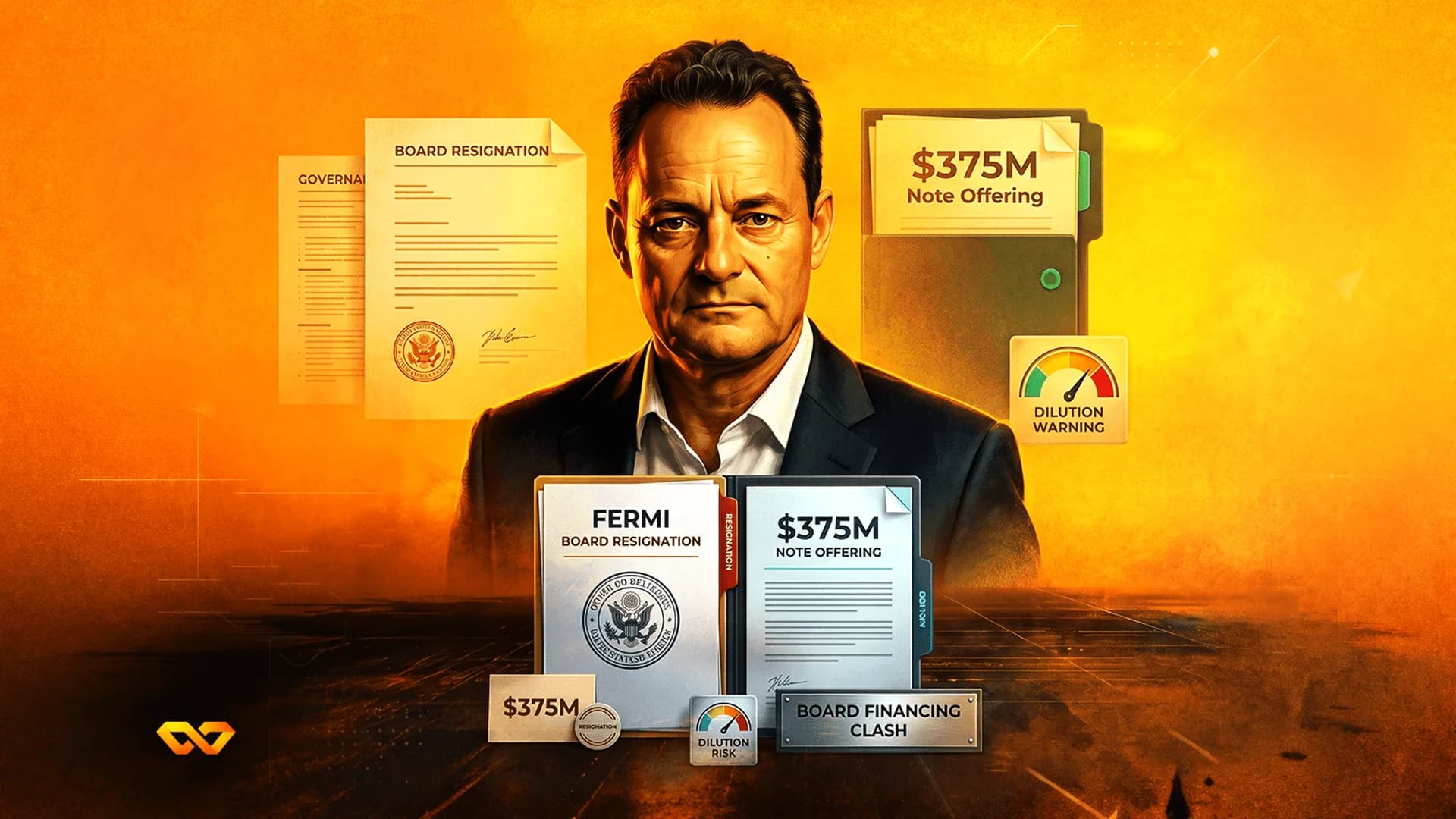 Illustration of a man in a suit surrounded by documents labeled Board Resignation and $375M Note Offering.