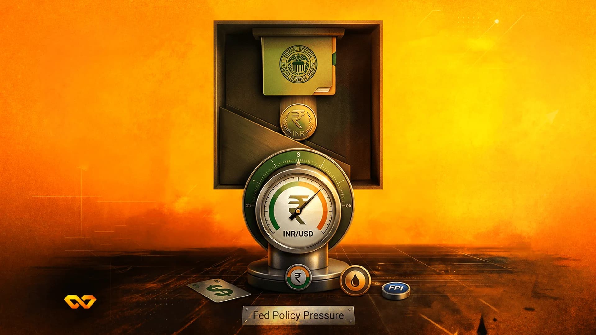 Conceptual illustration of an INR/USD gauge under a Federal Reserve folder, set against an orange background.