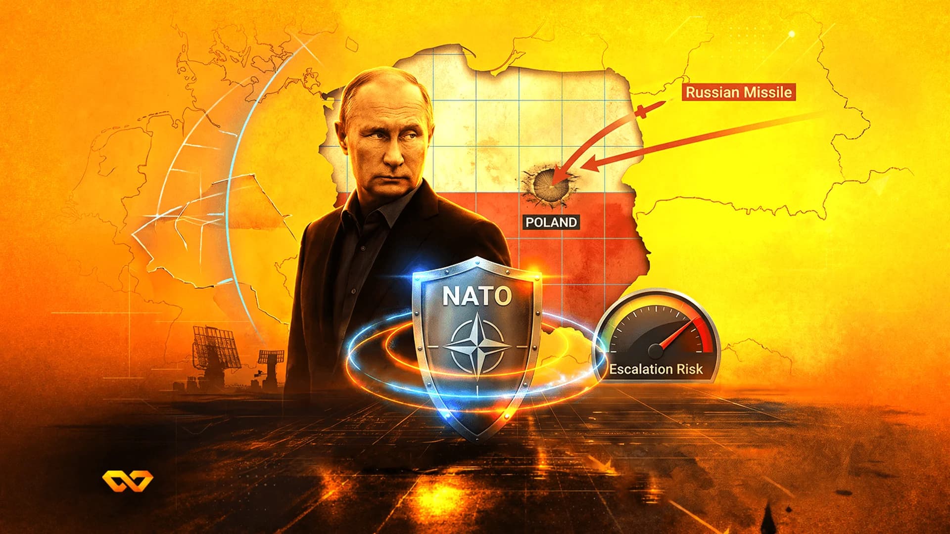 Illustration of Vladimir Putin next to a map of Poland with missile trajectories, a NATO shield, and a risk gauge.