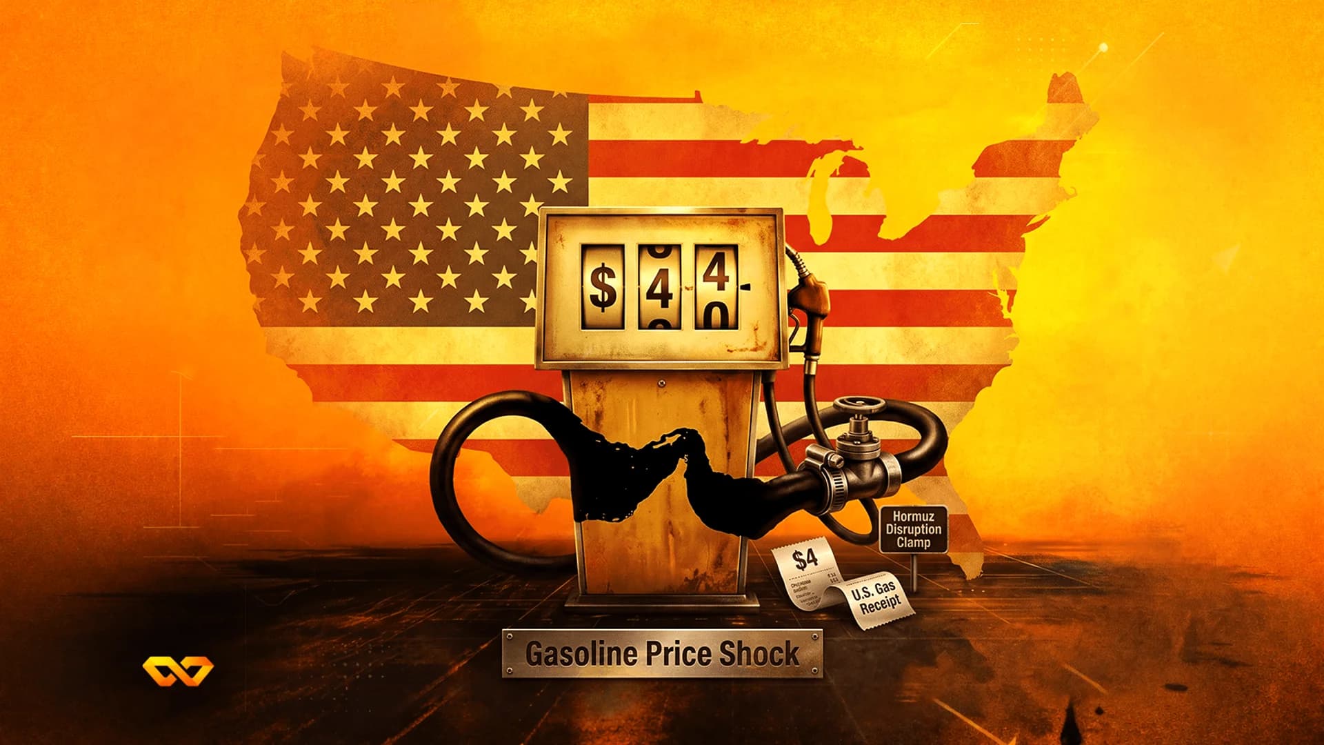 Vintage gas pump showing $4.40 in front of a US map with an American flag pattern on an orange background.