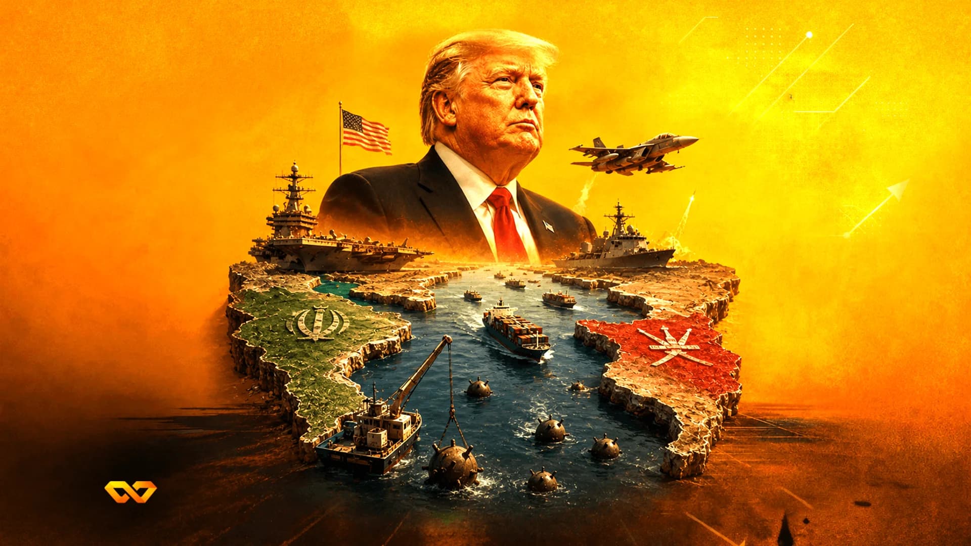 Digital illustration of Donald Trump above a strait with warships, naval mines, and flags of Iran and Oman.