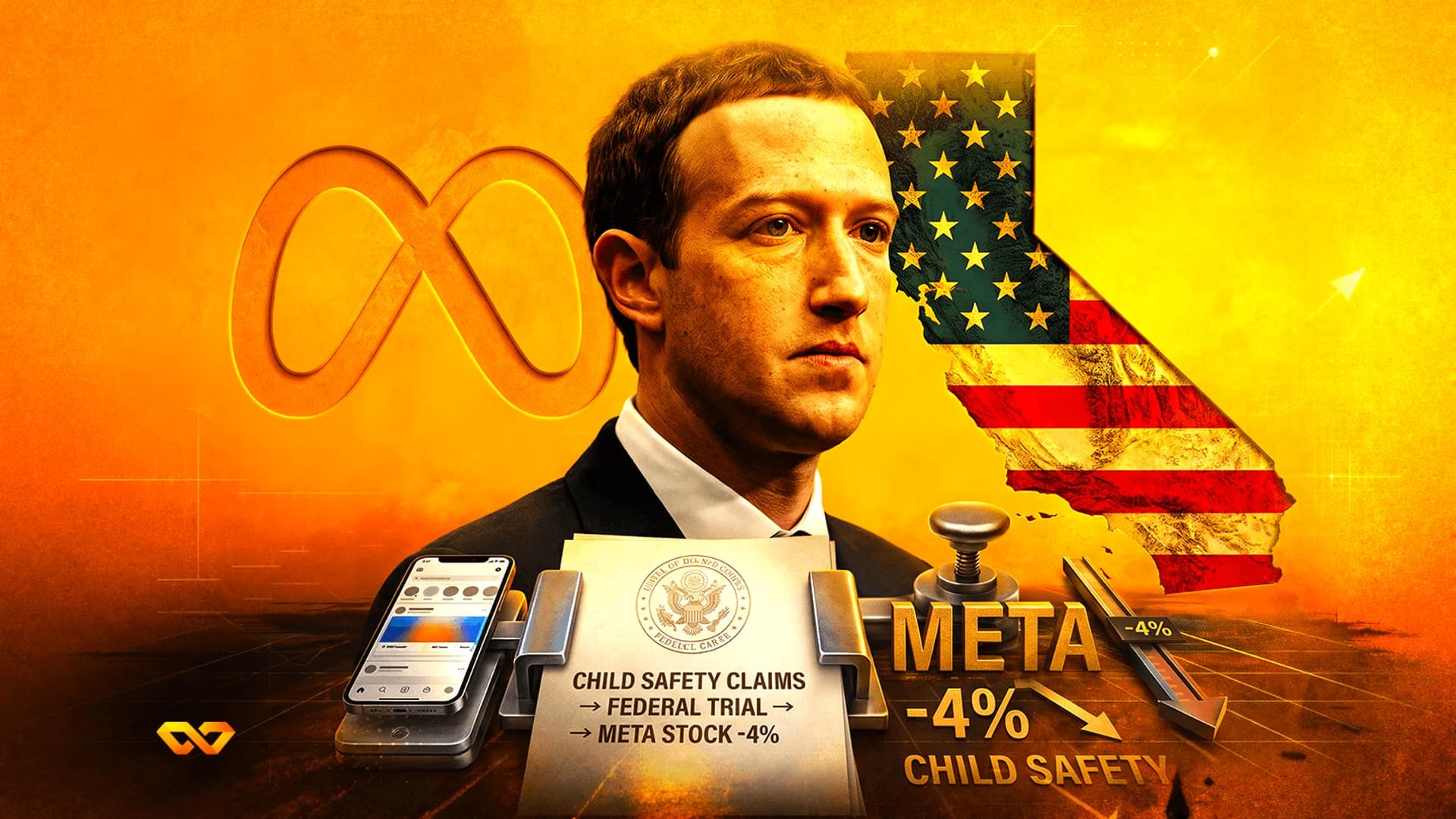 Mark Zuckerberg portrait with Meta logo, California map with US flag, and text about child safety claims and stock.
