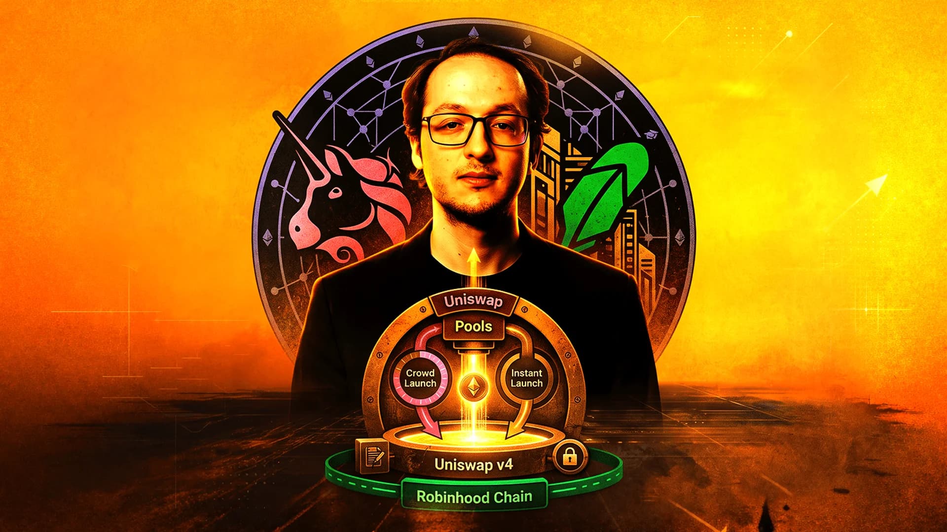 Digital illustration of a man with glasses in front of Uniswap and Robinhood logos on an orange background.