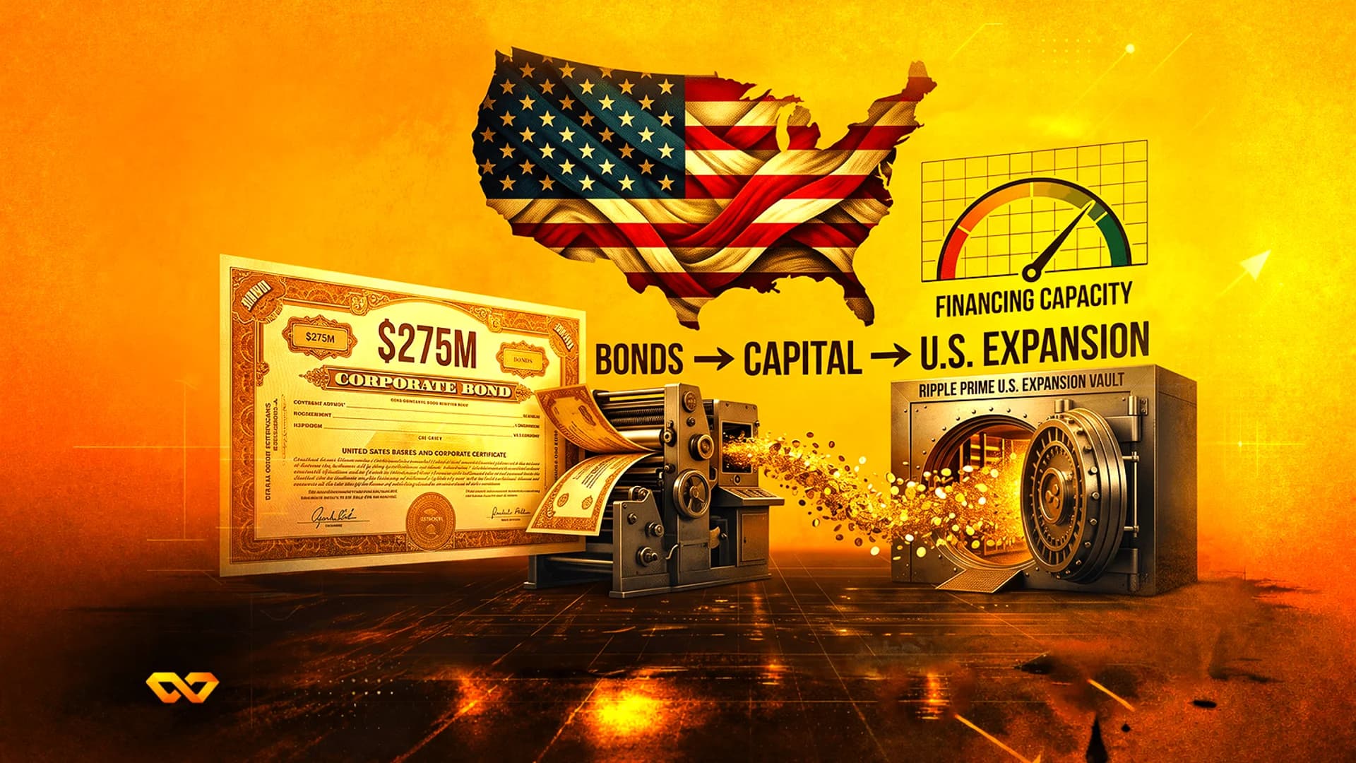 Digital art of a US map flag, a $275M corporate bond, a coin machine, and a vault labeled Ripple Prime.