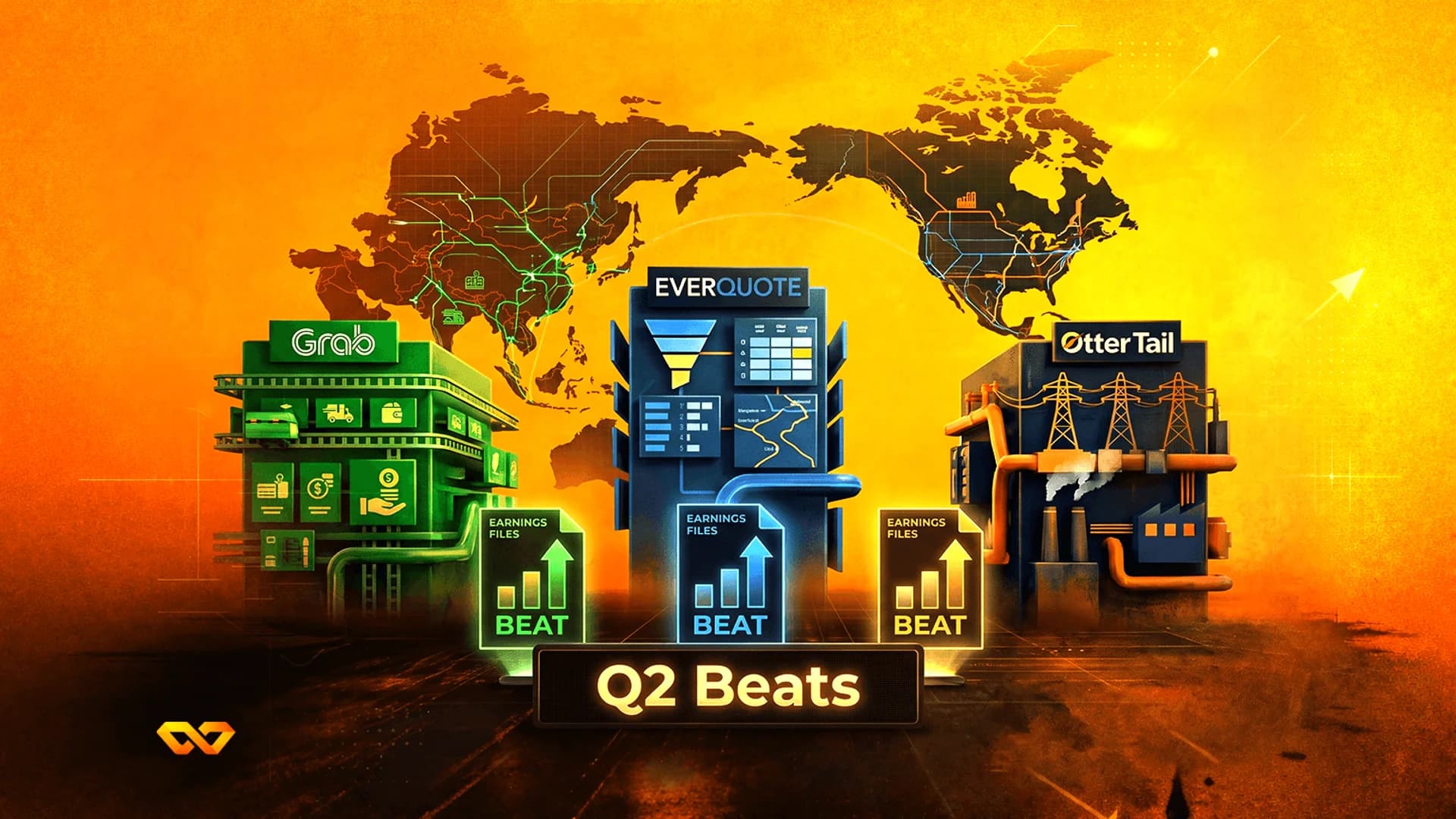 مباني رمزية لشركات Grab وEverQuote وOtter Tail مع نص 'Q2 Beats' ورسوم بيانية للأرباح تتجه للأعلى.