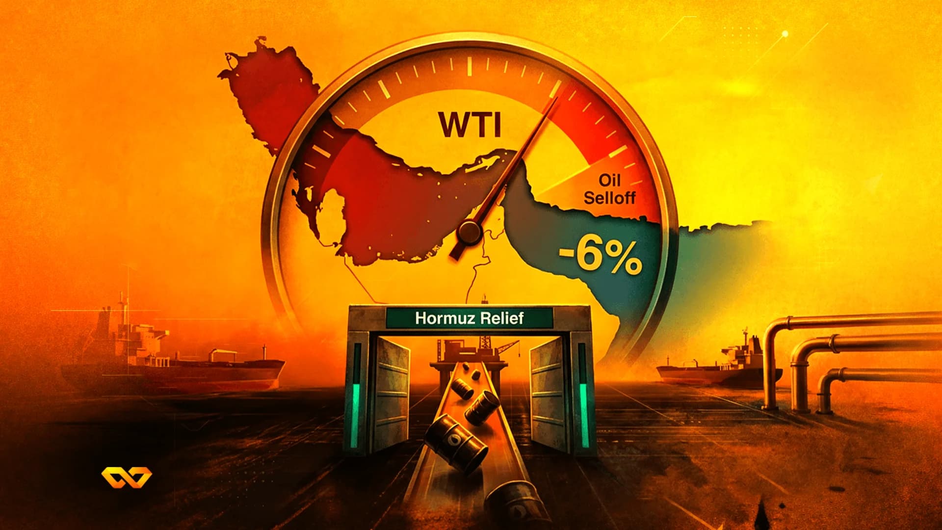 A gauge labeled WTI shows a 6% drop, with oil barrels on a conveyor belt and a map of the Strait of Hormuz.