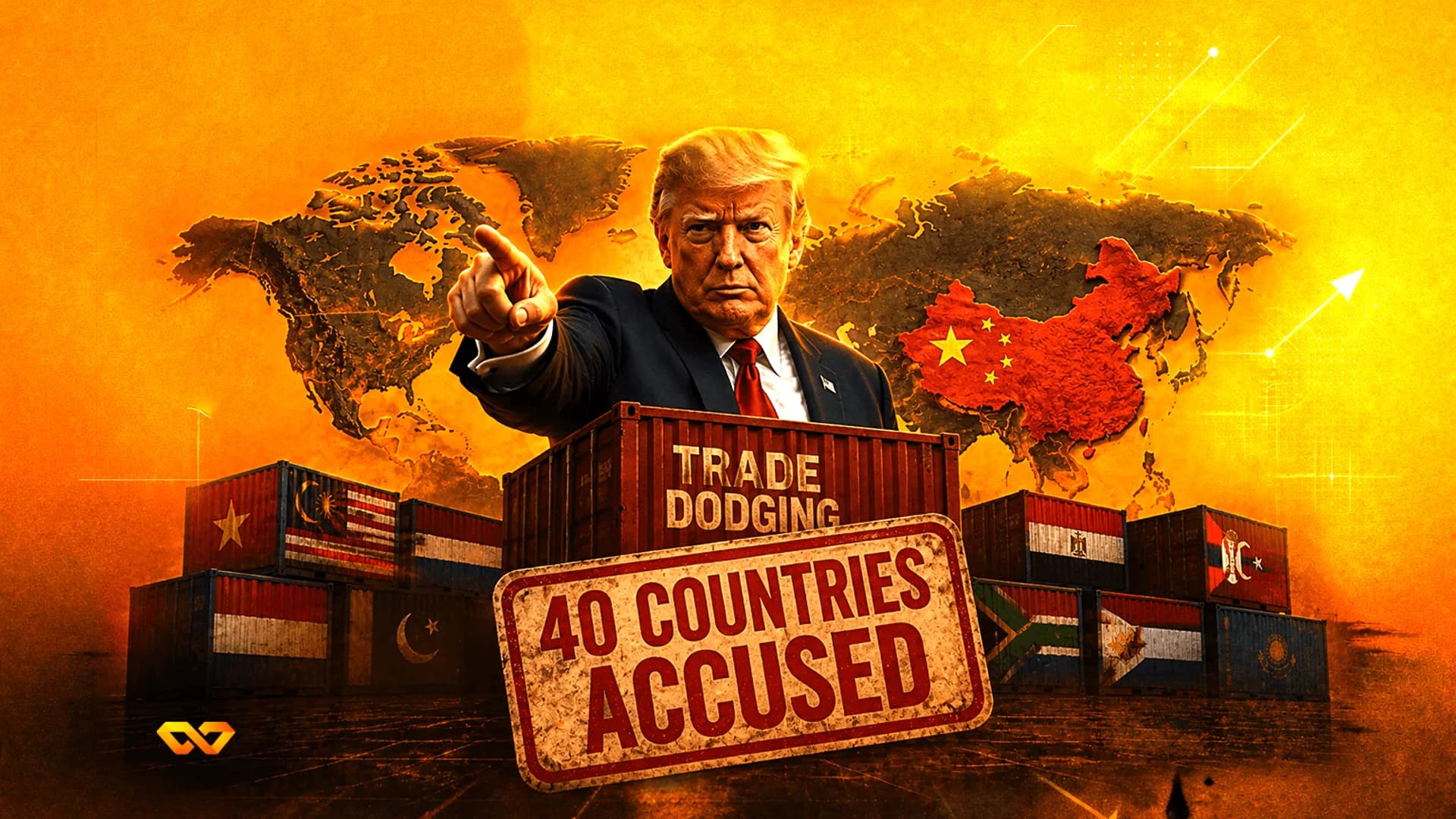 Donald Trump pointing forward in front of a world map and shipping containers with various national flags.