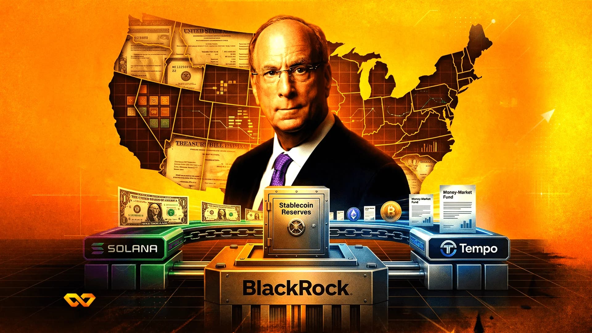 Illustration of Larry Fink with BlackRock, Solana, and Tempo logos, US map, and stablecoin reserve safe.