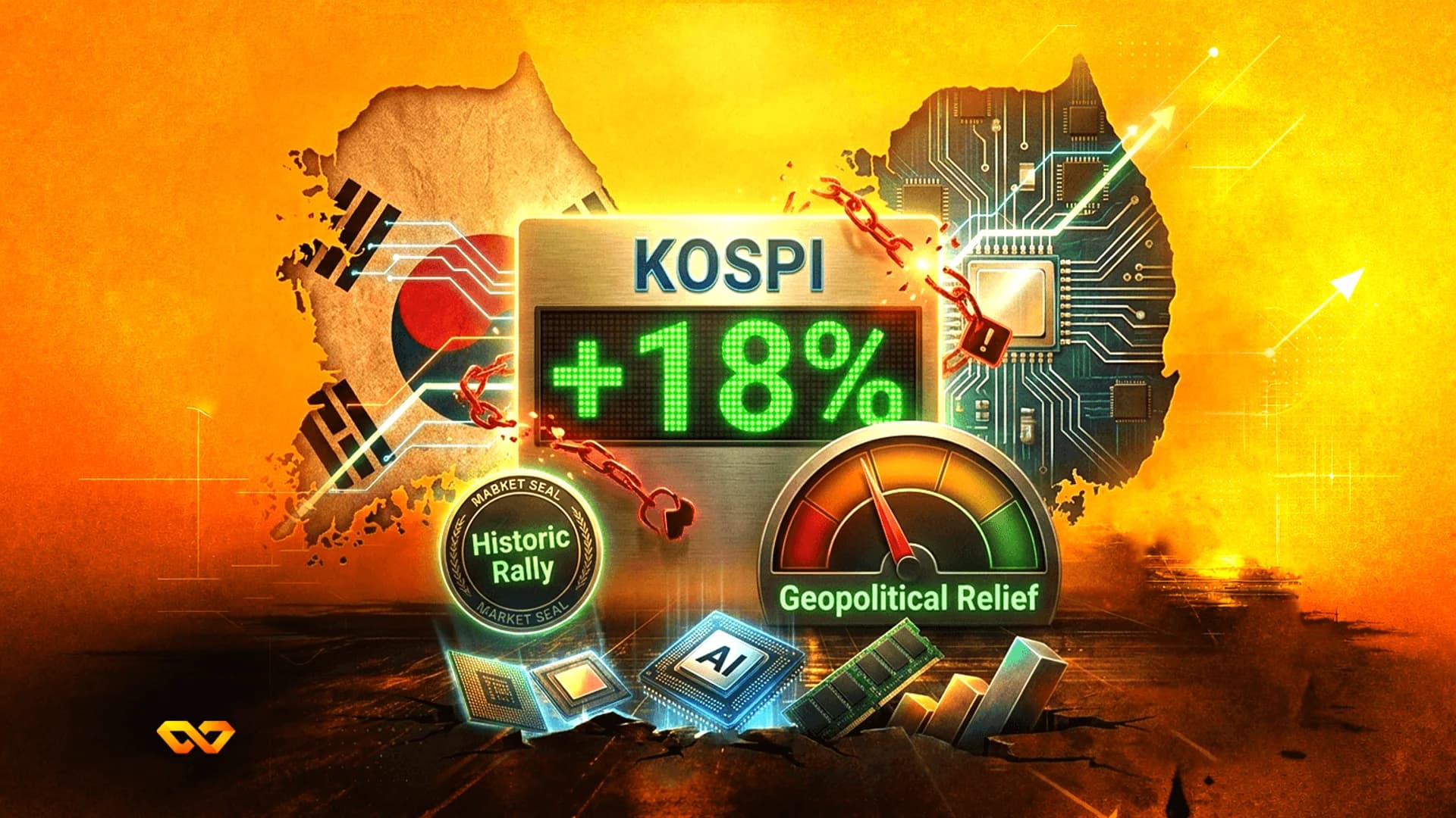 فن رقمي لعلم كوريا الجنوبية وخريطة وعلامة كوسبي +18% ورقائق أشباه الموصلات ومقياس للراحة الجيوسياسية.