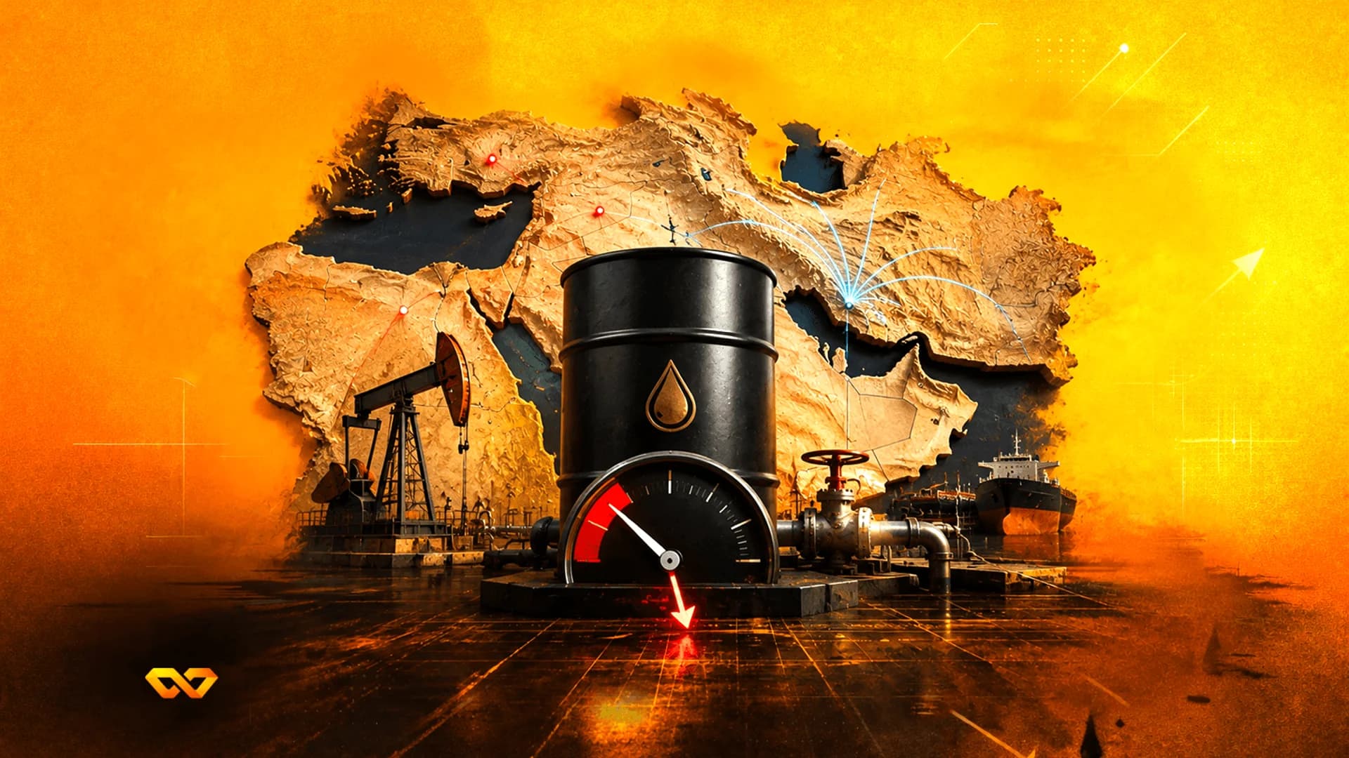 Oil barrel, pumpjack, and a gauge with a red downward arrow over a map of the Middle East.