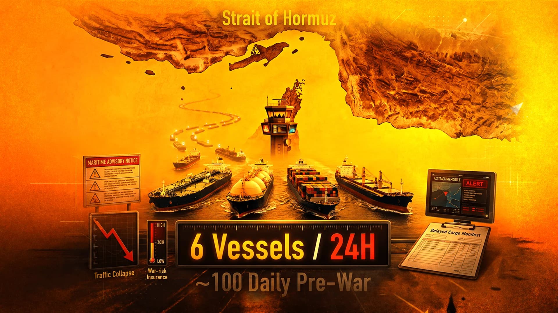Illustration of cargo ships in the Strait of Hormuz with infographics showing a decline in daily vessel traffic.